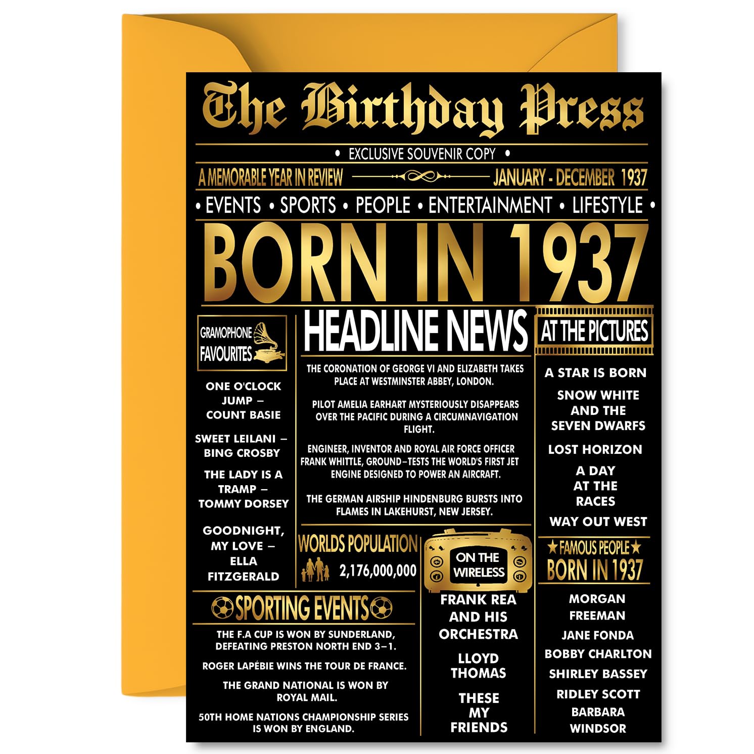 Gold 89th Birthday Card for Men Women - Black & Golden Newspaper Born in 1937 - Happy 89 Birthday Cards for Grandma Grandad Uncle Nanny Dad Wife, A5 Bday Greeting Cards