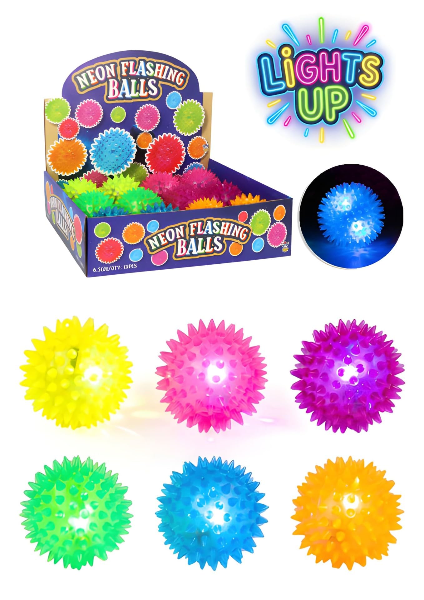 Henbrandt 12x Neon Flashing Spiky Balls - 6.5cm - Assorted Colours - Light Up Toys, Sensory Balls, Party Bag Fillers