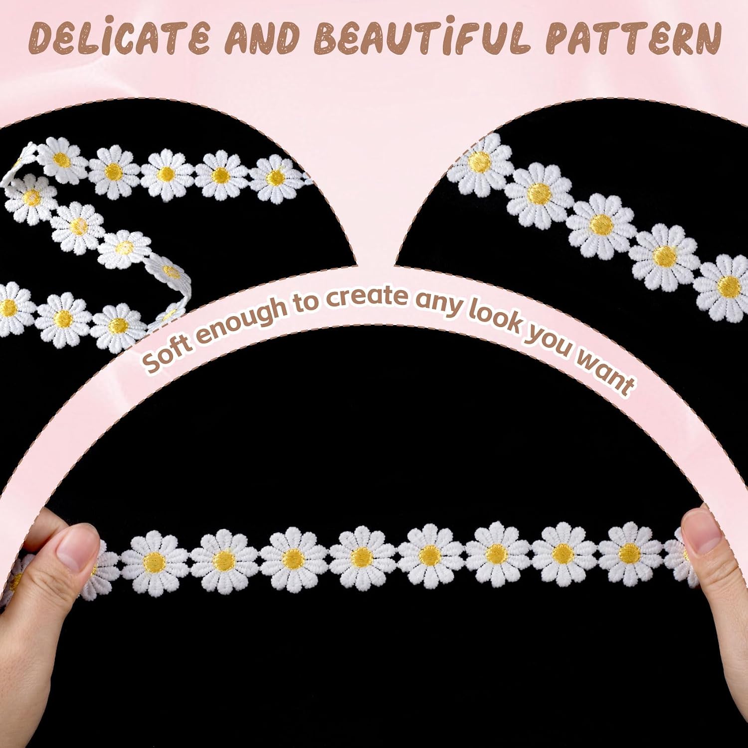 2 Yards Daisy Lace Trim Ribbon, Flower Embroidered Ribbon Roll for Bridal, Daisy Trim Sewing Accessories for Bouquet Packaging Wrapping Wedding Decorations DIY Crafts- White