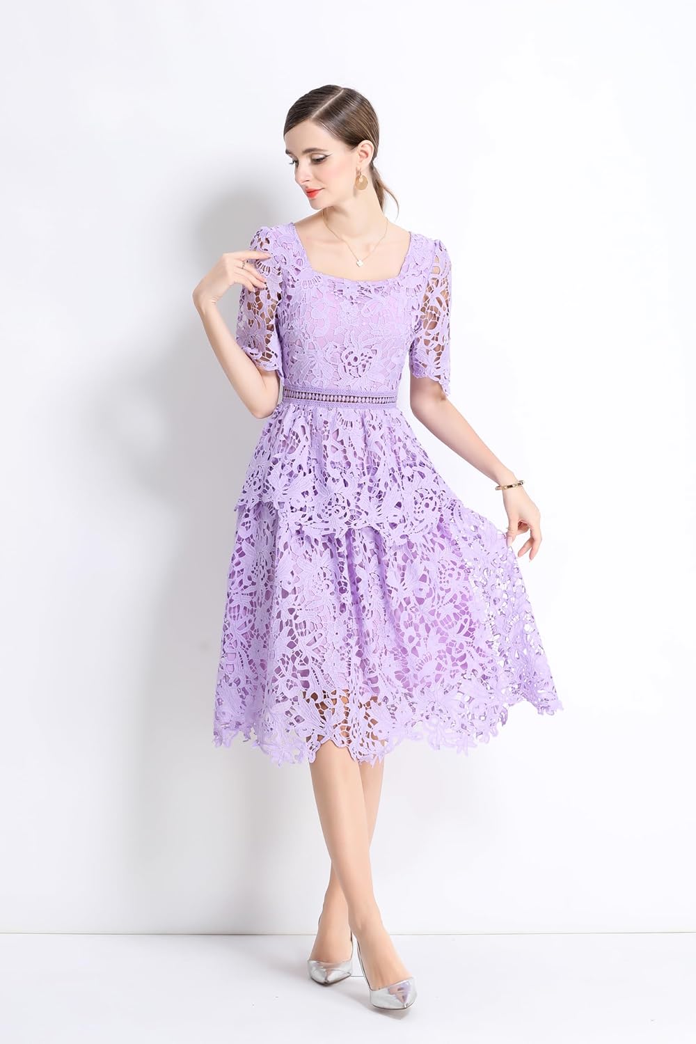 LAI MENG FIVE CATS Women's Lace Square Neck Short Sleeve Crocheted Waist Summer Ruffled Midi Dress