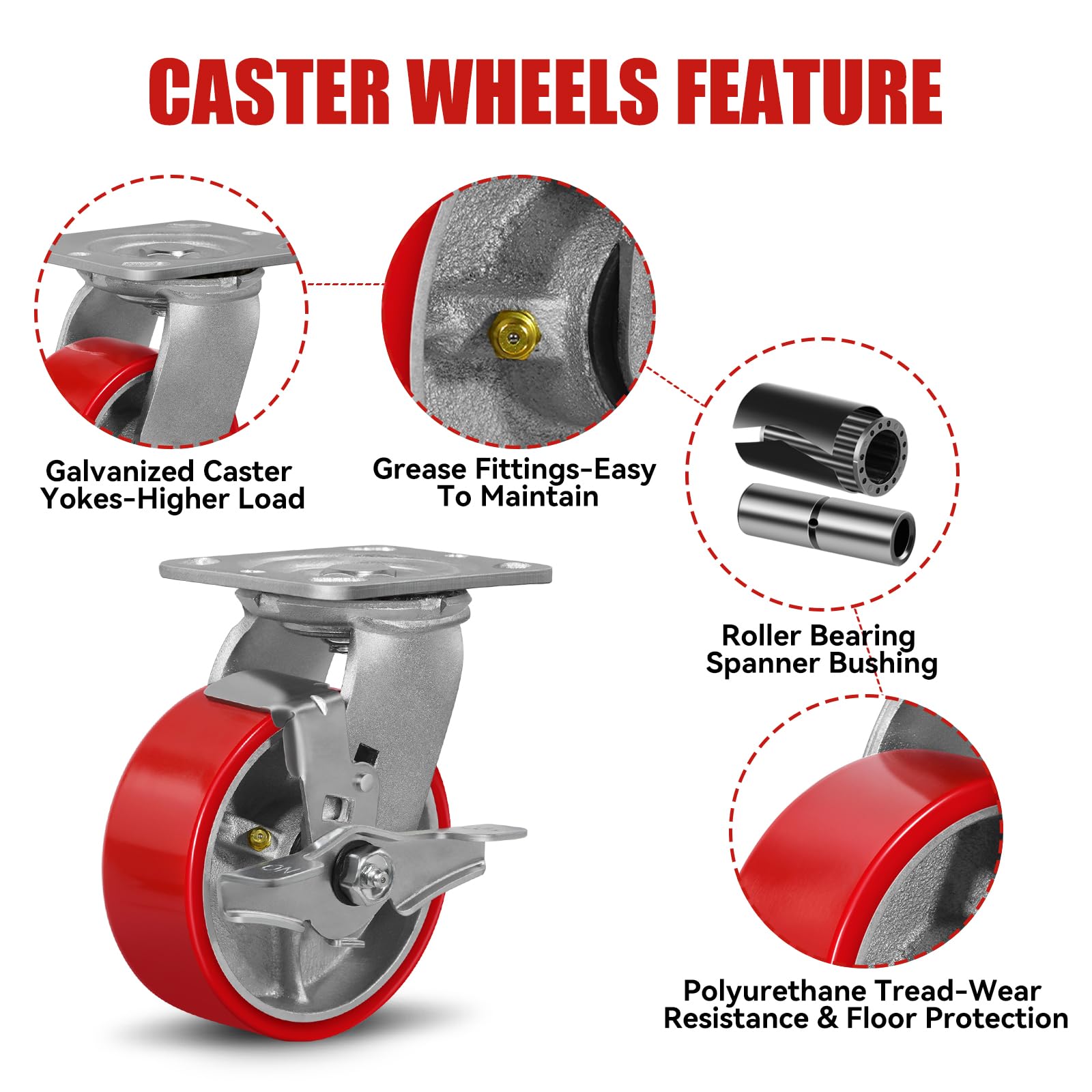 Heavy Duty Plate Casters - 4 Wheels, Brake & Swivel -3