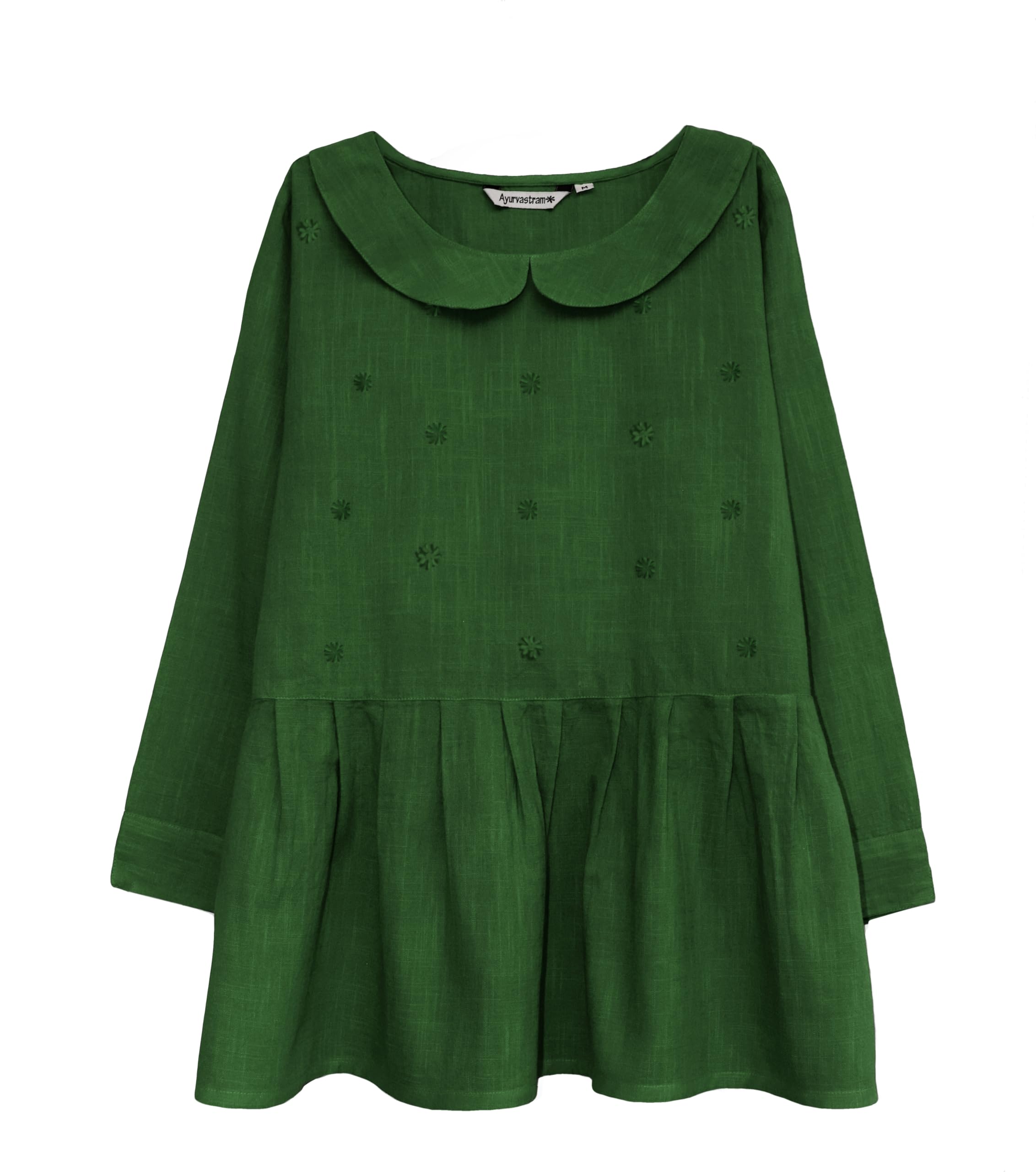 Ayurvastram AVNI Printed Soft Cotton Printed, Hand Embroiderd, Applique look Peplum Tunic Top Blouse, Green, S