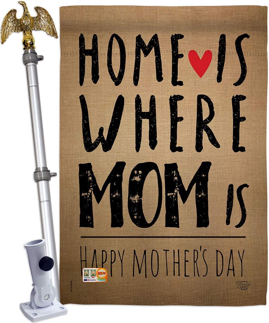 Home is Where Mom House Flag Dowel Set Family Mother Day Mama Grandma Love Flowers Parent Sibling Relatives Grandparent Small Decorative Gift Yard Banner Made In USA 28 X 40