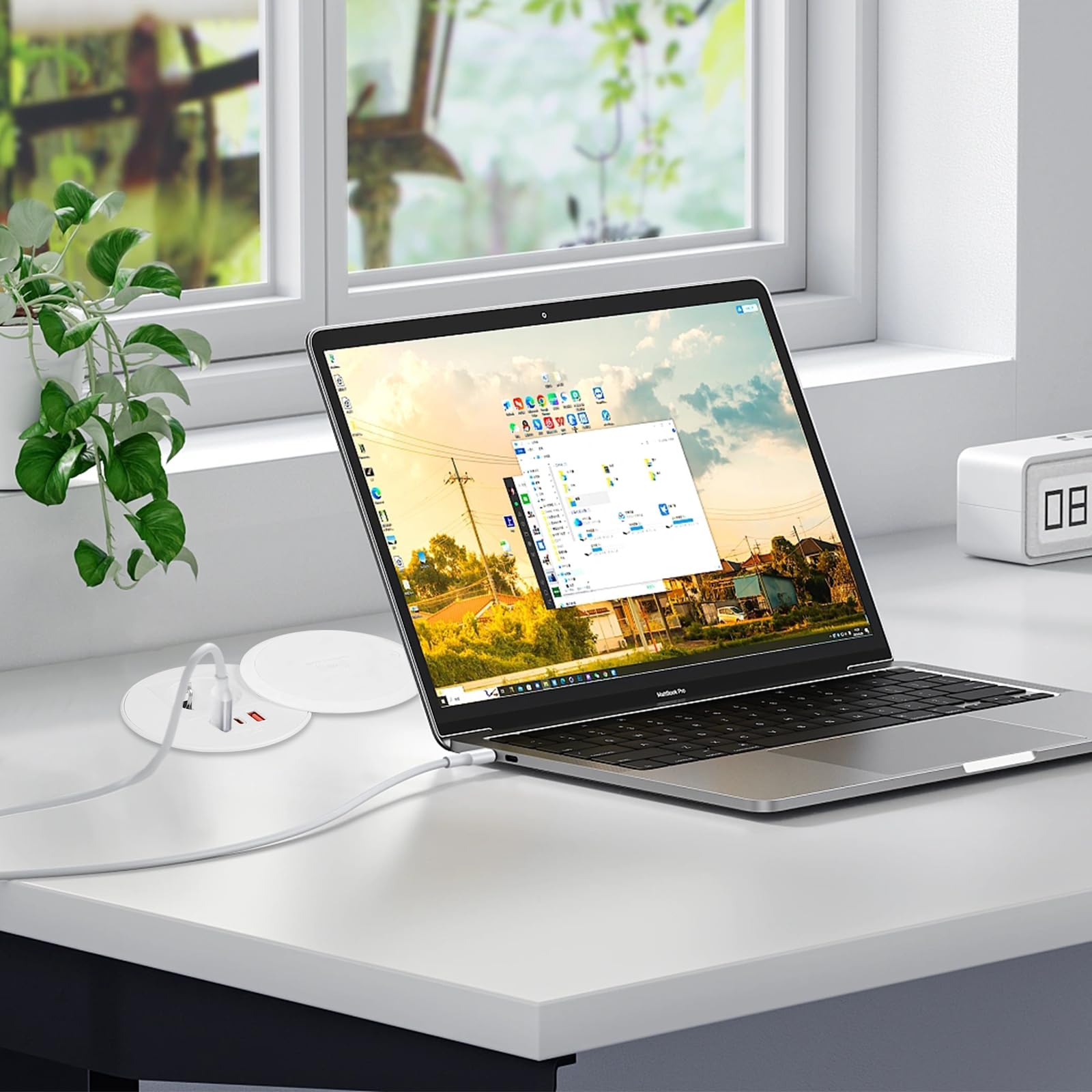 Presa da tavolo con USB C+USB A, presa da incasso, prolunga da incasso con cavo da 1,8 m, presa desktop, prese incassate, 1 tipo C, 2 USB A passaggio cavo, (Bianco con ricarica wireless)