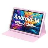 Tablet 7Inch Android 14.0 with Protective Case, 8GB(4+4GB Expand) RAM+ 32GB ROM, IPS Screen, Dual Camera, Bluetooth 5.0 WiFi Tab (Pink)