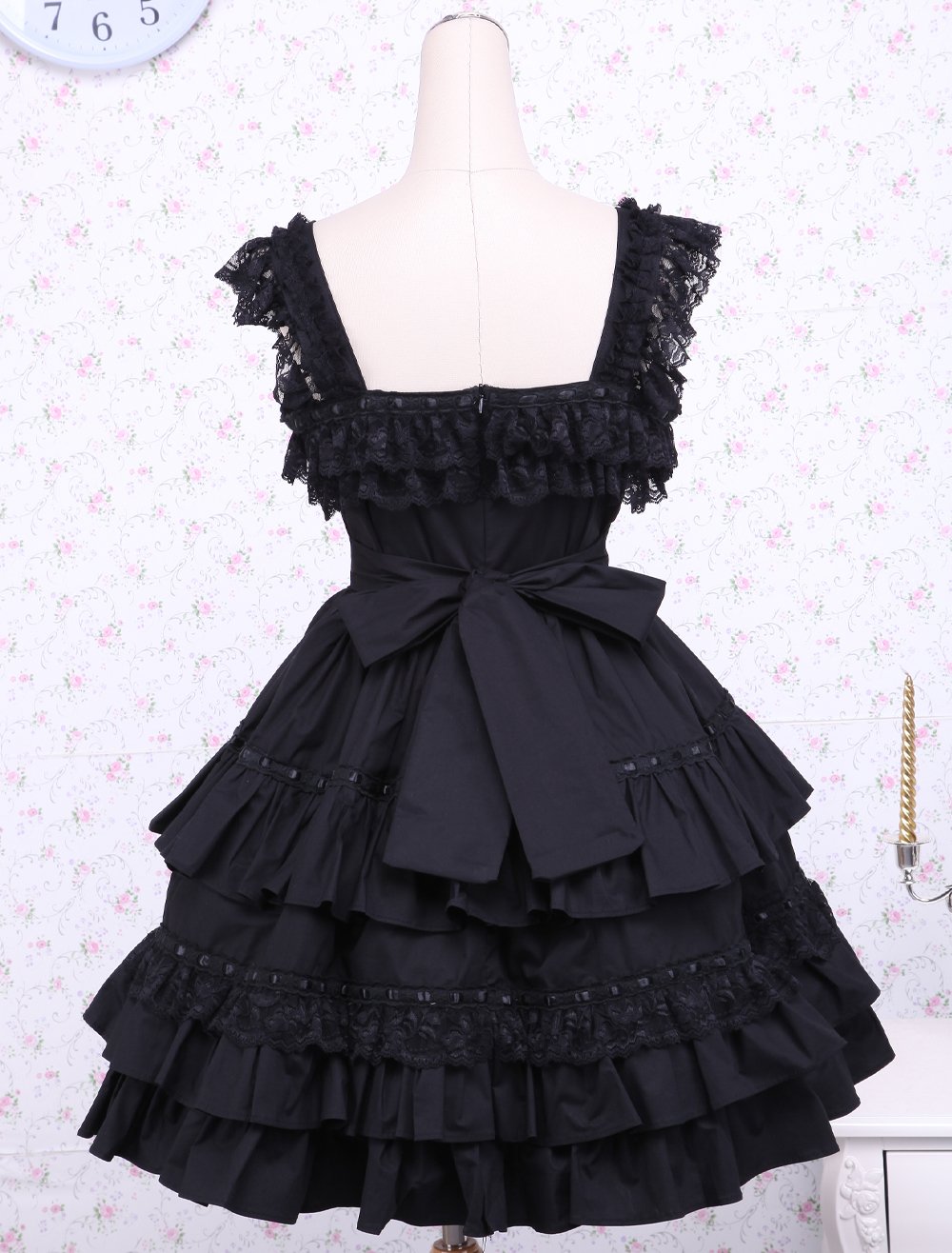 an*tai*na* Antaina Schwarz Baumwolle Rüsche Spitze Flieges Gothic Punk Sexy Knielang Elegant Lolita Cosplay Kleid