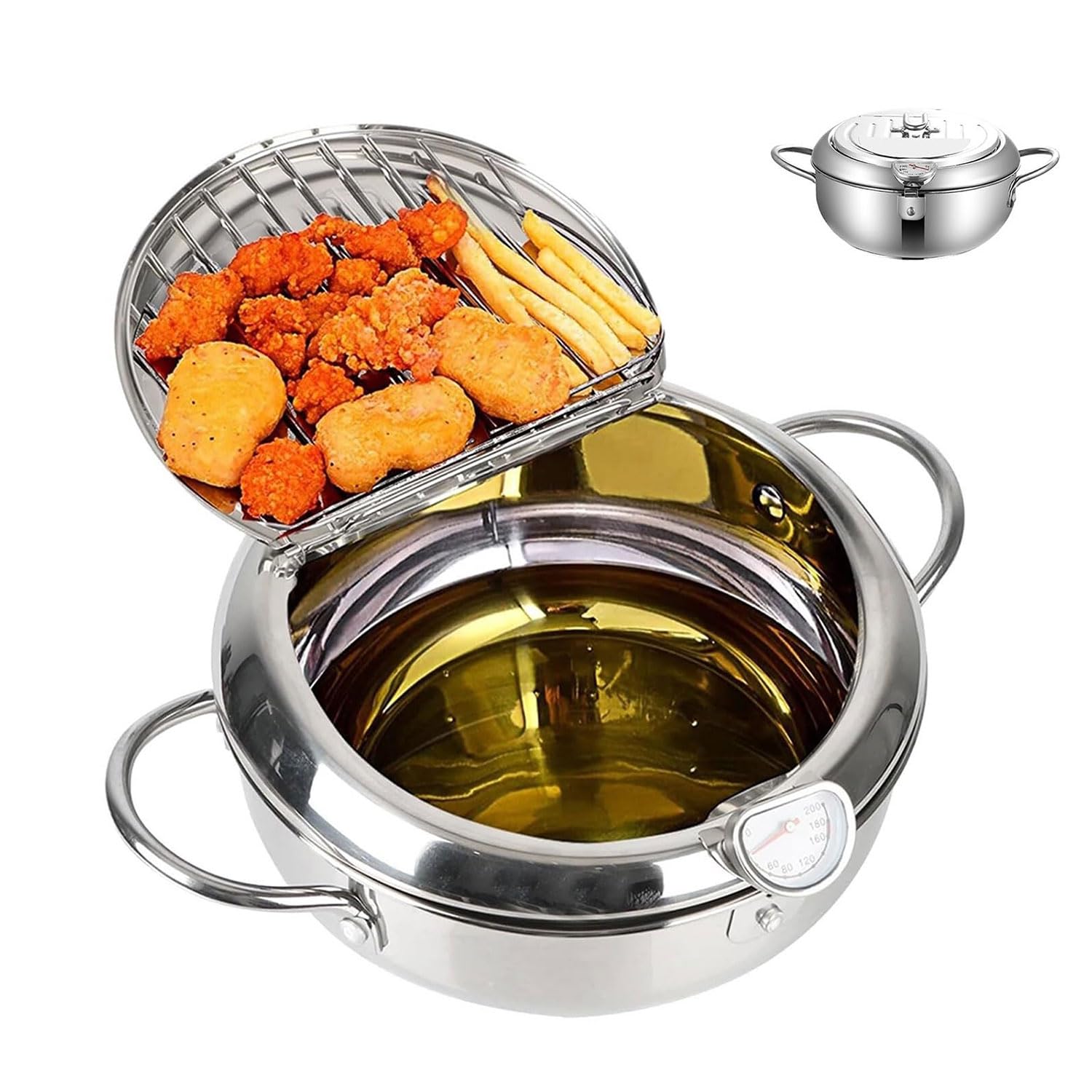 Friteuse japonaise tempura en acier inoxydable 2.2L avec thermomètre et couvercle