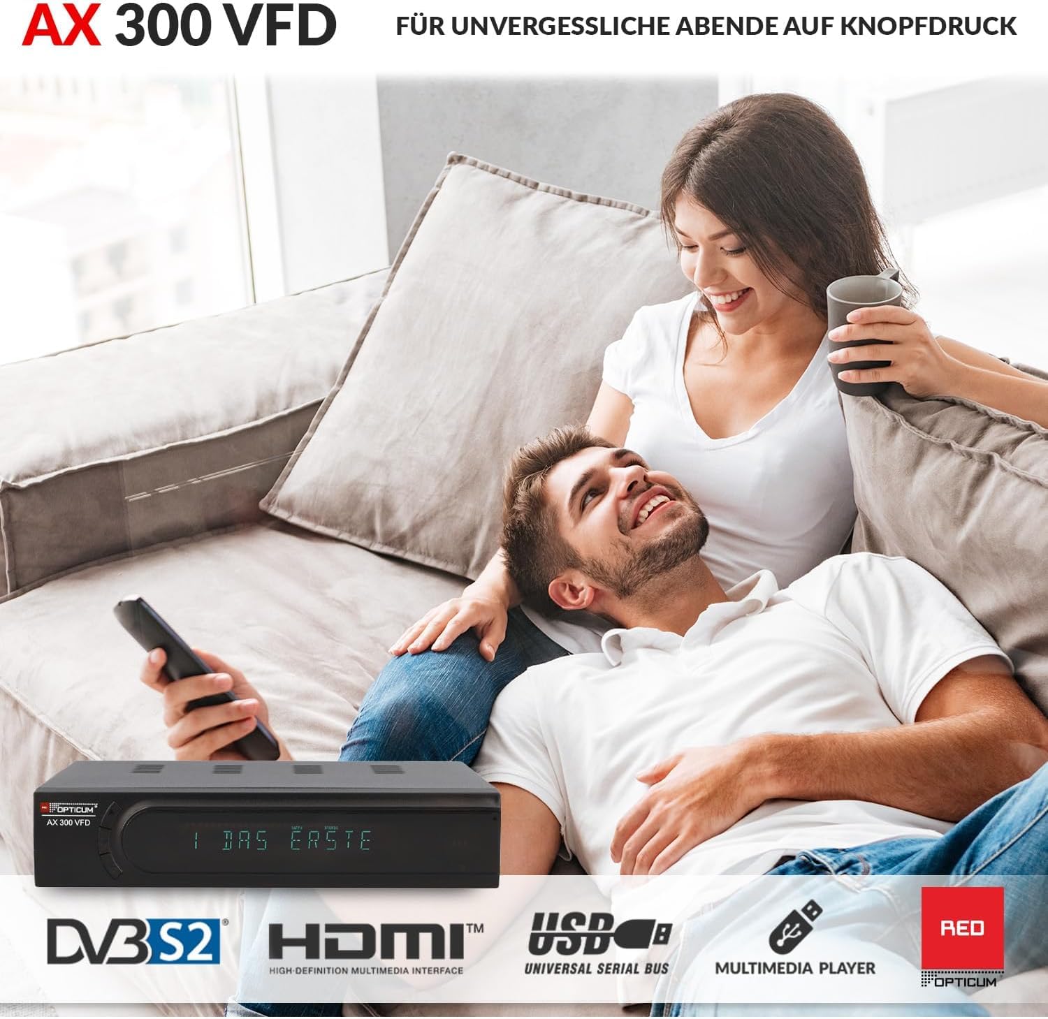 RED OPTICUM AX 300 VFD Sat Receiver mit PVR I Digitaler Satelliten-Receiver HD mit alphanumerischem Display - DVB-S2 - HDMI - SCART - USB 2.0 - Coaxial Audio I 12V Netzteil ideal für Camping