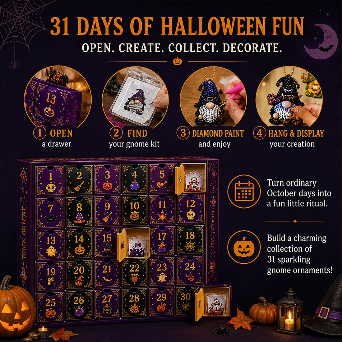 31 Tage voller Gnome-Überraschungen – Halloween-Diamantmalerei，2PC | Diamantmalerei-Adventskalender, Komplettes Diamantmalerei-Set mit Werkzeug und Perlen, Geschenk für Erwachsene und Kinder