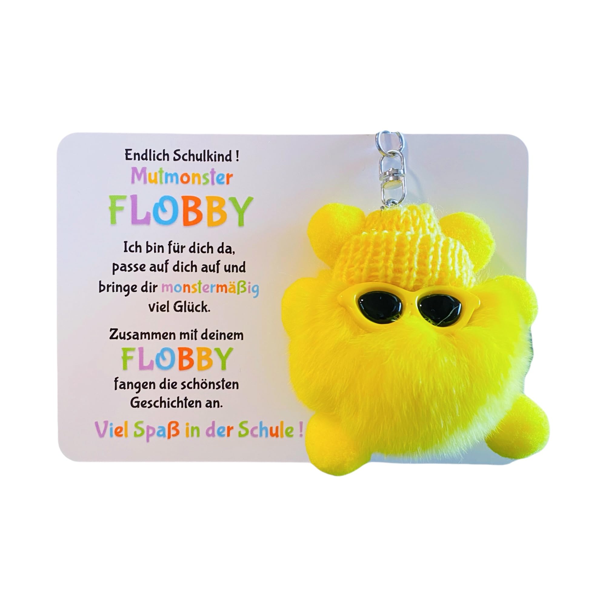 Endlich Schulkind! Mut-Monster FLOBBY, Geschenk Einschulung, Glücksbringer, Mutmacher, Schultüte, Lernhelfer, Anhänger Mäppchen oder Ranzen (Gelb)