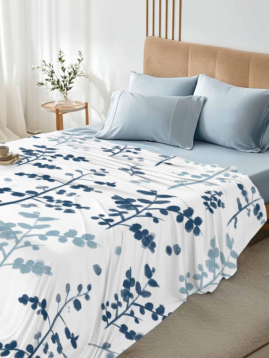 Top Sheet Queen Bedding Flat Sheet Only, Farmhouse Blue Leafs Microfiber Bed Sheets Soft Breathable Bedding Flat Sheets, Country Style Plants Hotel Luxury Top Sheets