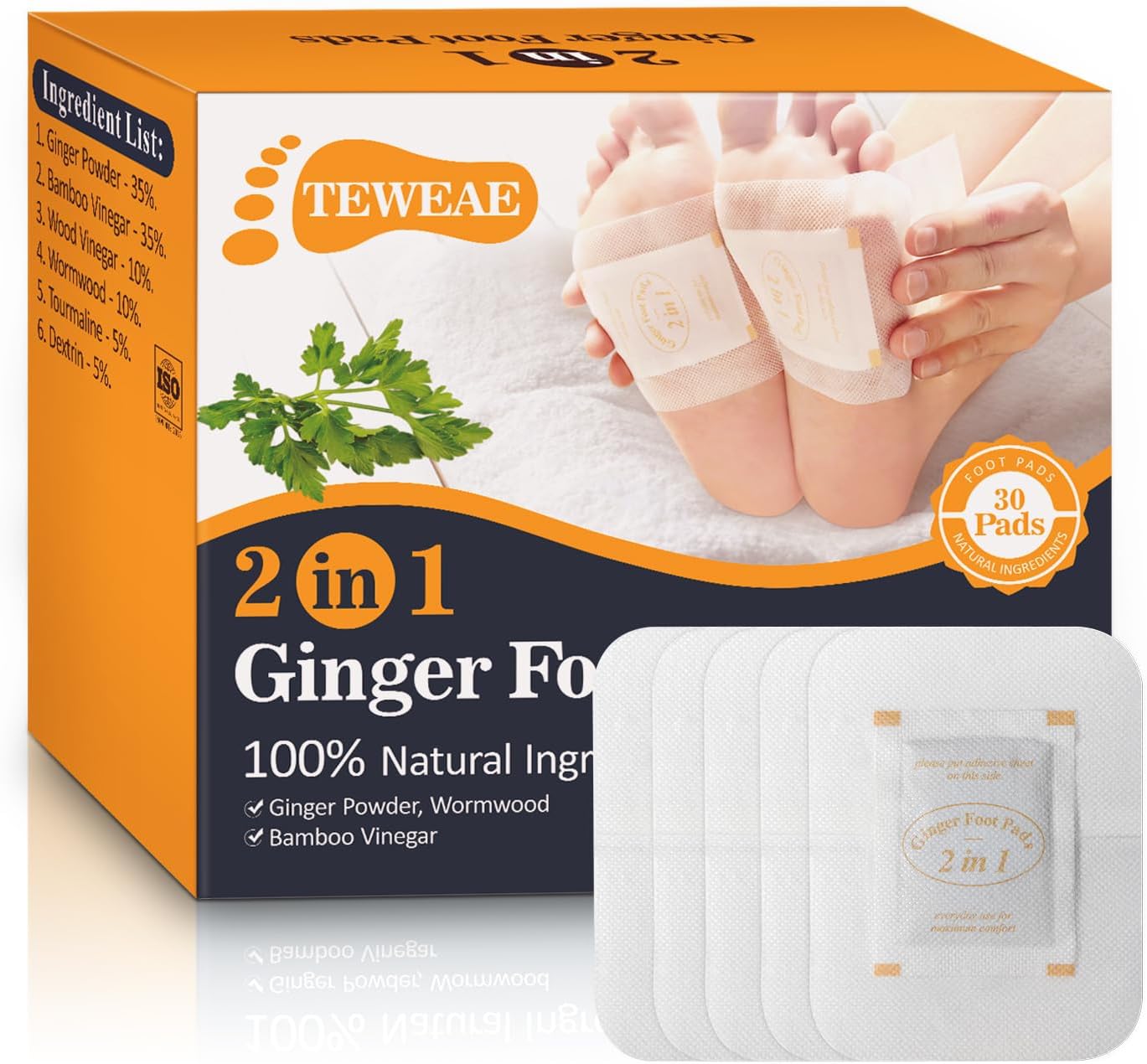 2 in 1 Foot Pads, Tear and Use Ginger Wormwood with Pure Natural Ginger Powder Bamboo Vinegar Wormwood, Bigger Adhesive ”Stay in Place” All Night, 30 Pads 2 in 1 Foot Pads, Tear and Use Ginger Wormwood with Pure Natural Ginger Powder Bamboo Vinegar Wormwood, Bigger Adhesive ”Stay in Place” All Night, 30 Pads
