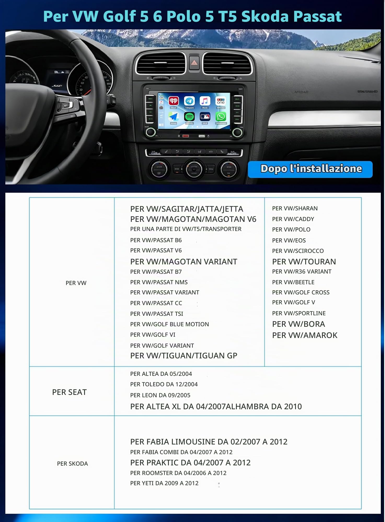CAMECHO VW Golf 5 Wireless CarPlay Autoradio per Golf 6 Polo con Android Auto, Schermo Tattile IPS da 7 Pollici 2 DIN Radio per Golf 5 con Bluetooth AM/FM/RDS Mirror Link Due Porte USB SWC + Canbus