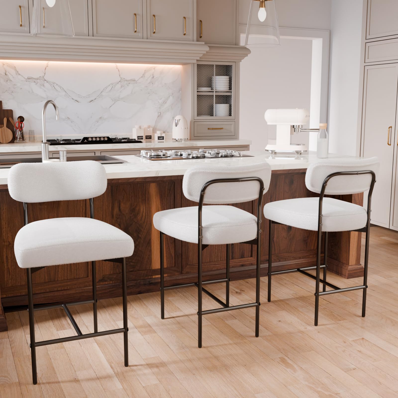 HOMMPA Bar Stools Set of 3 Boucle Barstools 26 Inches Counter Height Bar Stool with Curved Back Modern Upholstered Barstools Chairs Set with Metal