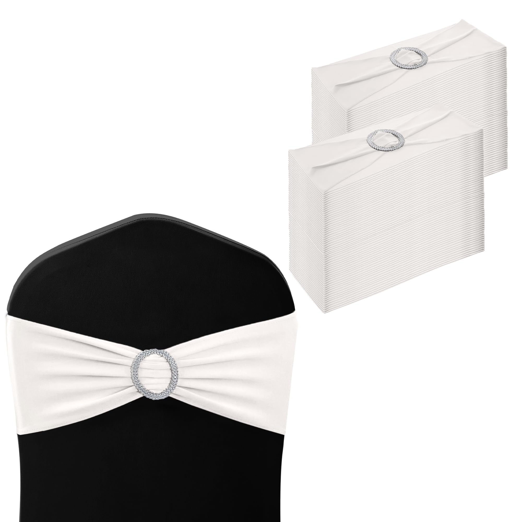 WedDecor Stretch Chair Bands Plain Spandex Band with Slider Buckle for Wedding Party Chair Decoration, Events Supplies, Formal Meeting, White, 13 x 6 Inches, 100pcs