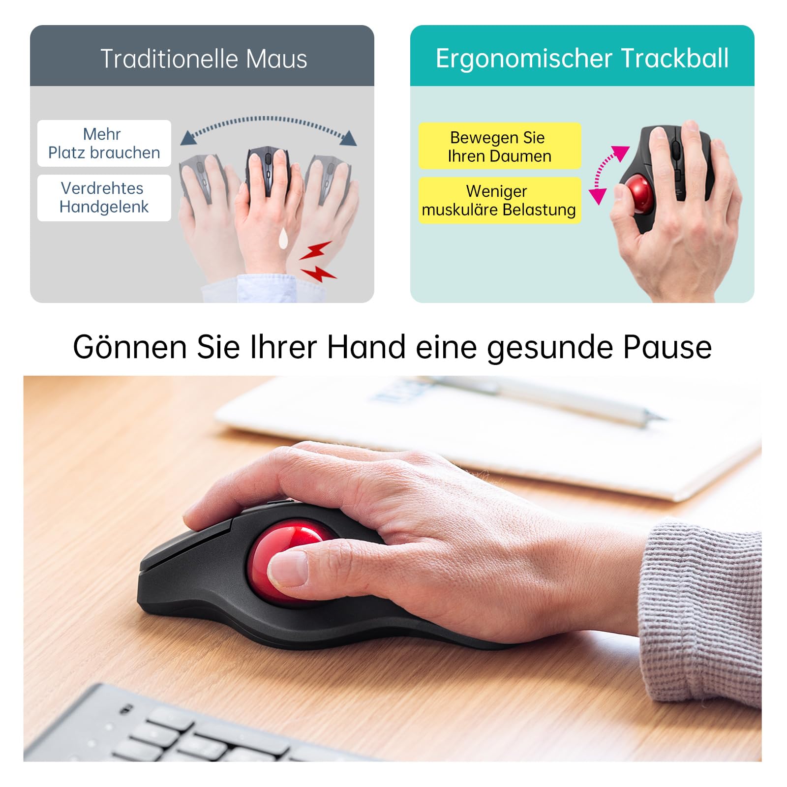 SANWA Trackball Maus mit Kabel, Leise Klik Programmierbar Taste, 600/800/1200/1600 DPI, Kabelgebundene ergonomische TrackBall, Kompatibel mit Winows, Mac, PC, Schwarz, GMATB39