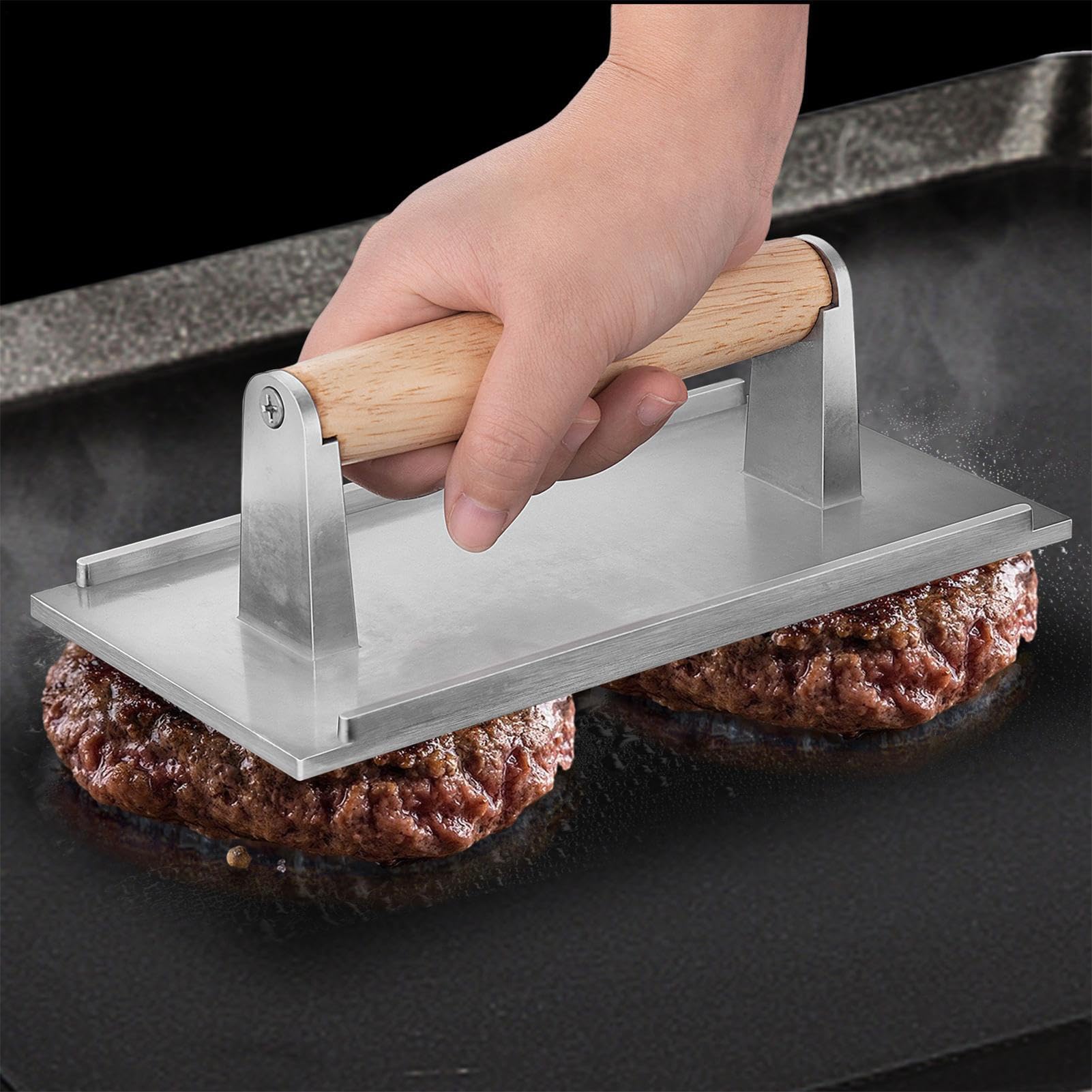 Pressa per Bistecca al Bacon, Peso di Cottura in Ghisa, Design con Impugnatura Comoda con Manico in Legno, Spianatrice Antiaderente Resistente, Accessorio per Padella per per Hamburger per Attr