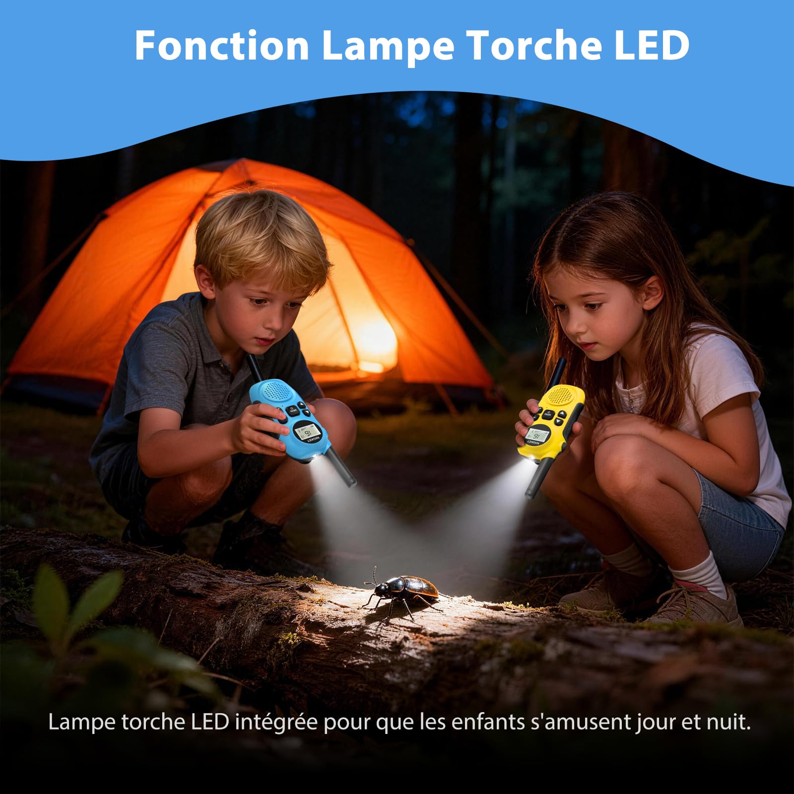 NXGKET Talkie Walkie Enfants Rechargeable, Longue Portée de 3 Kilomètres, Talkie-Walkie avec Lampe Torche, Idéal pour Le Camping, Cyclisme et la Randonnée, Jouets pour Garçons et Filles de 3-12 Ans