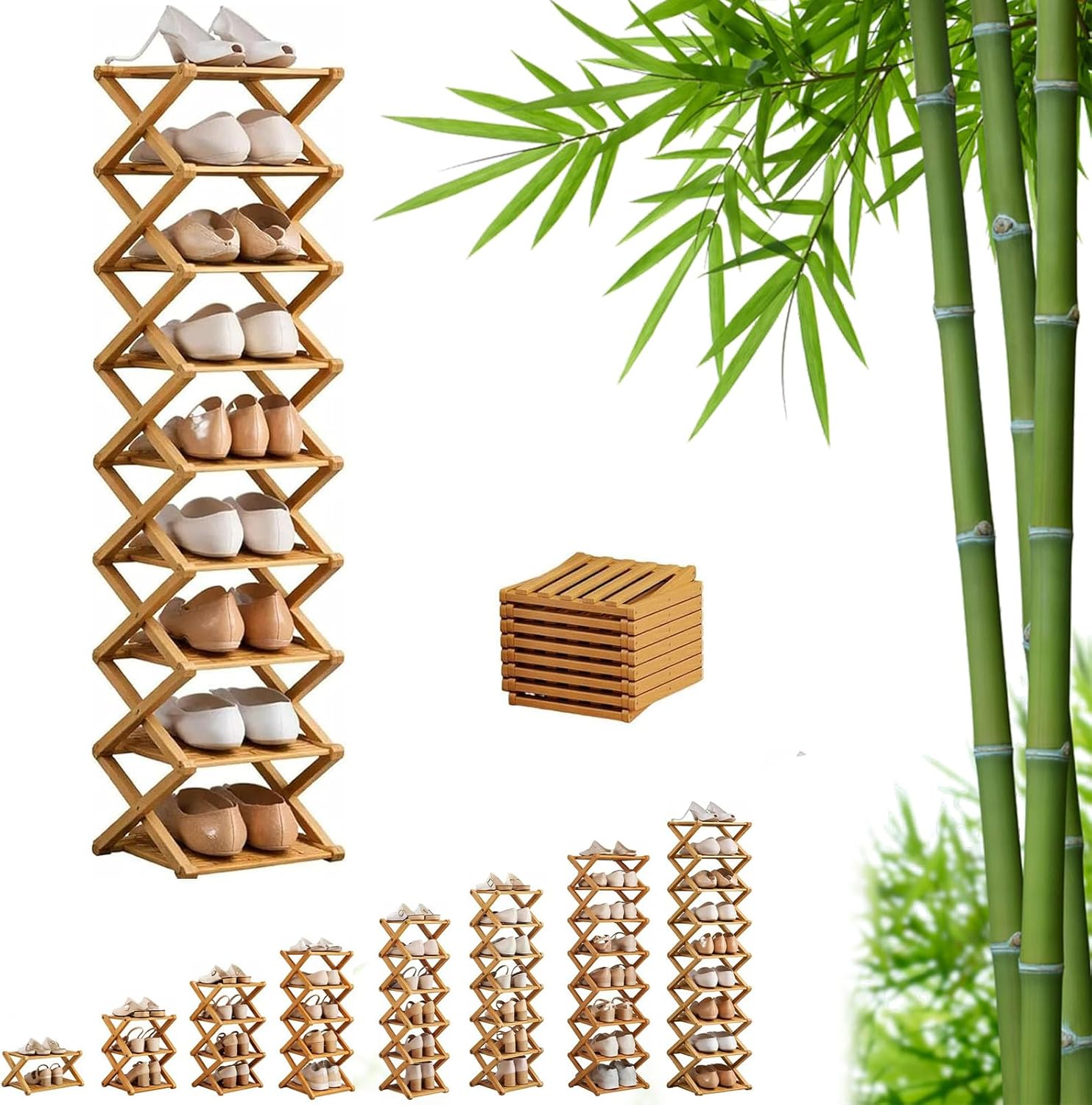 9 Tier Bamboo Shoe Rack, Foldable Shoe Rack, Shoe Rack, Ertical Shoe Organizer for Small Spaces, No Assembly Narrow Shoe Shelf for Entryway Closet Dorm (Yellow, 9 Layers)