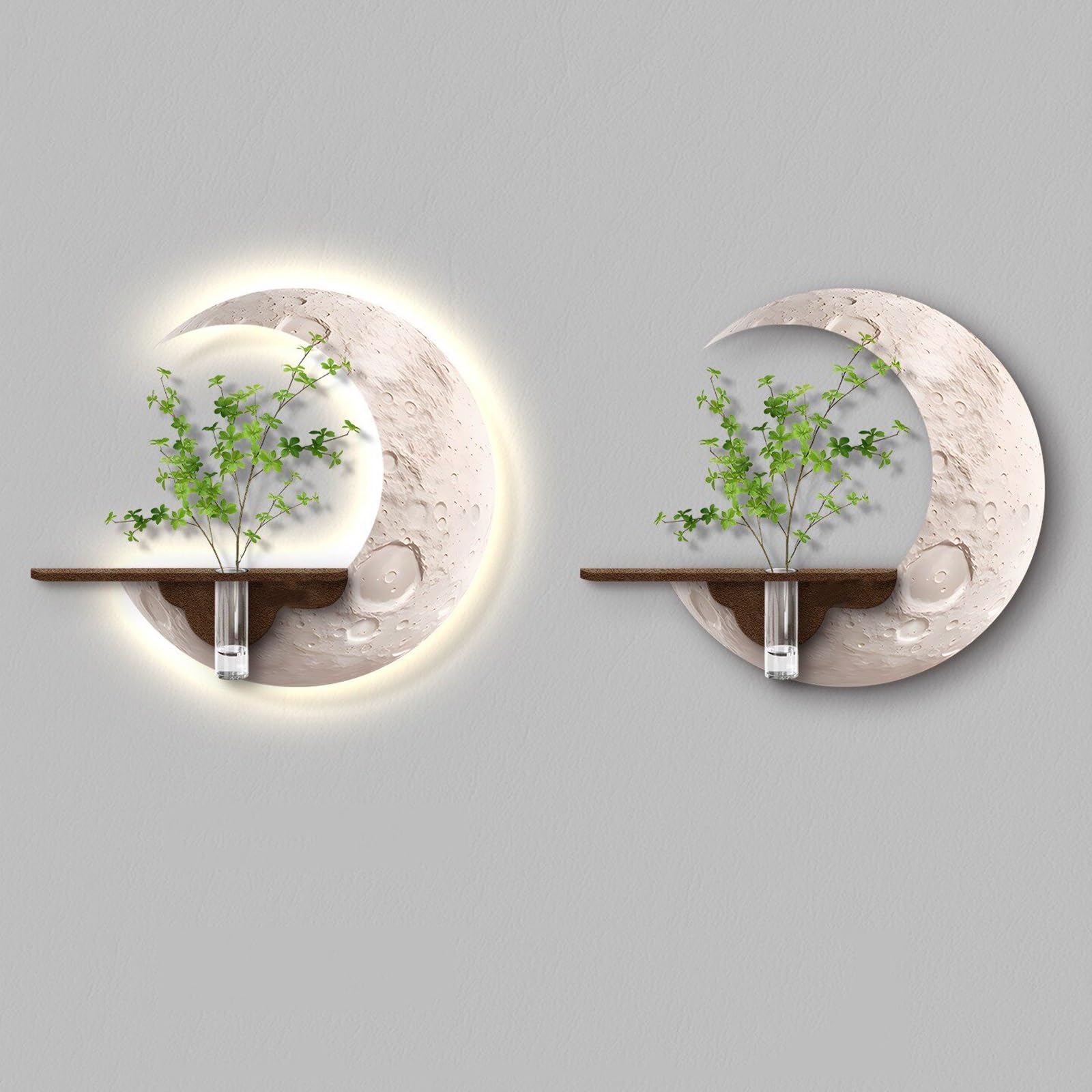 ZCQMSCWW 3D Circular Sandstone Wall Art with LED Lights and Hydroponic Plant Holder, Modern Minimalist Moon Sculpture for Living Room, Bedroom, Entryway Decor(B,50 * 50cm/19.6 * 19.6in)