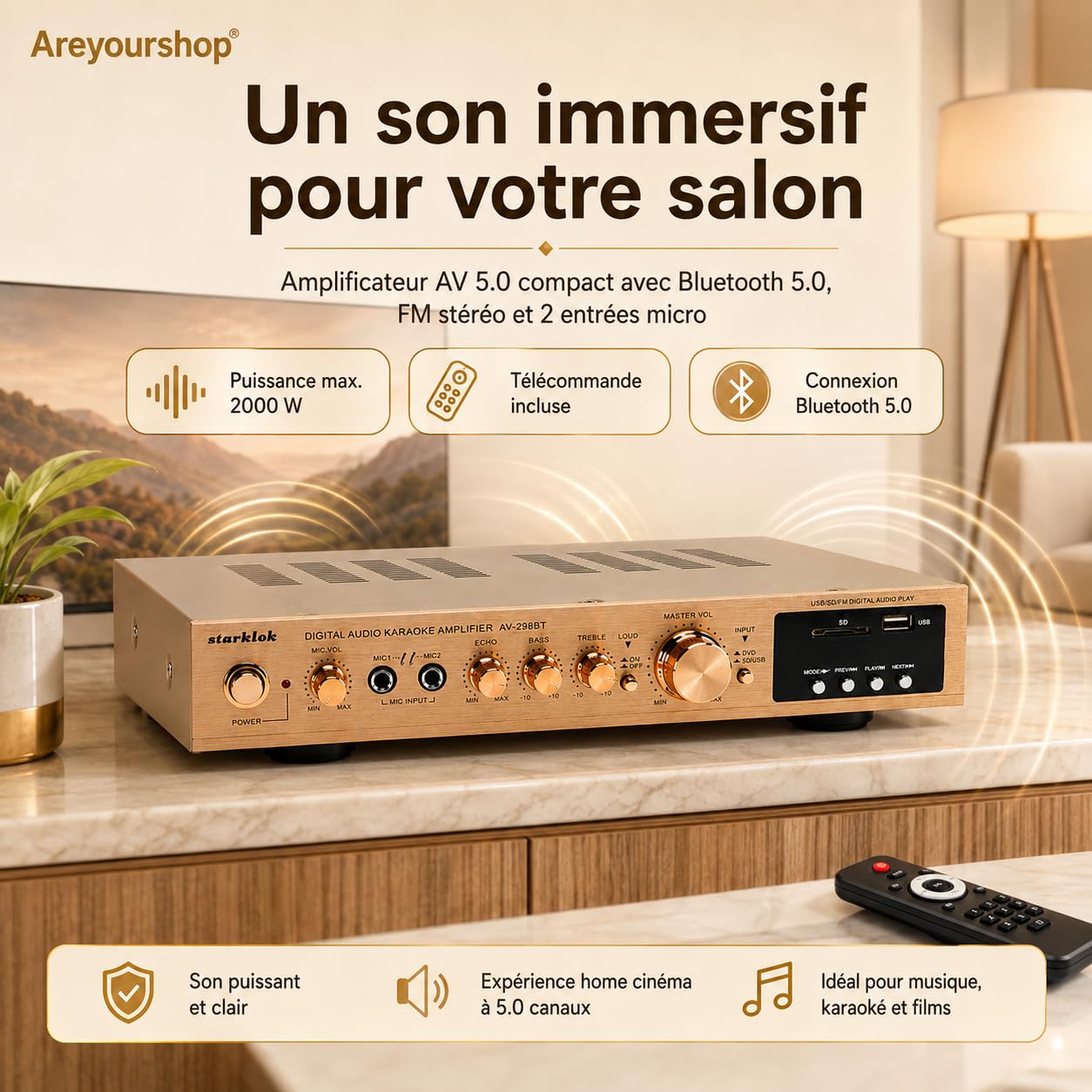 Amplificateur stéréo HiFi 2000 W, ultra fin, 5 cm, en aluminium, amplificateur audio surround AV surround, Bluetooth 5.0, home cinéma, lecture SD/USB, FM Radi
