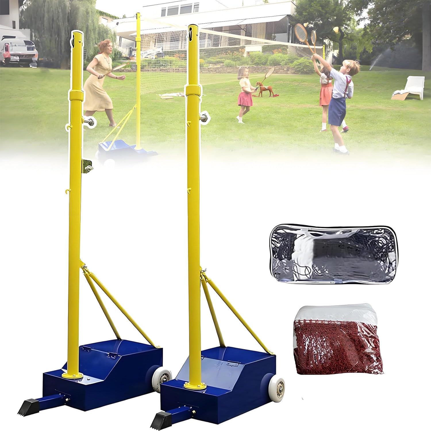 UORDBY Heavy Duty 2-in-1 Volleyball Badminton Net System, Adjustable Height Poles, Sand-Fillable Stable Base, Portable with Wheels,for Backyard Outdoor Indoor School Training