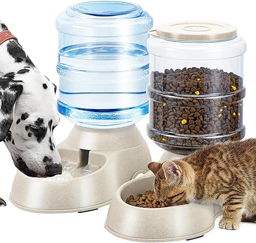 Paquete de 2 comederos automáticos para gatos y dispensador de agua con tapete de comida para mascotas para perros pequeños medianos y cachorros