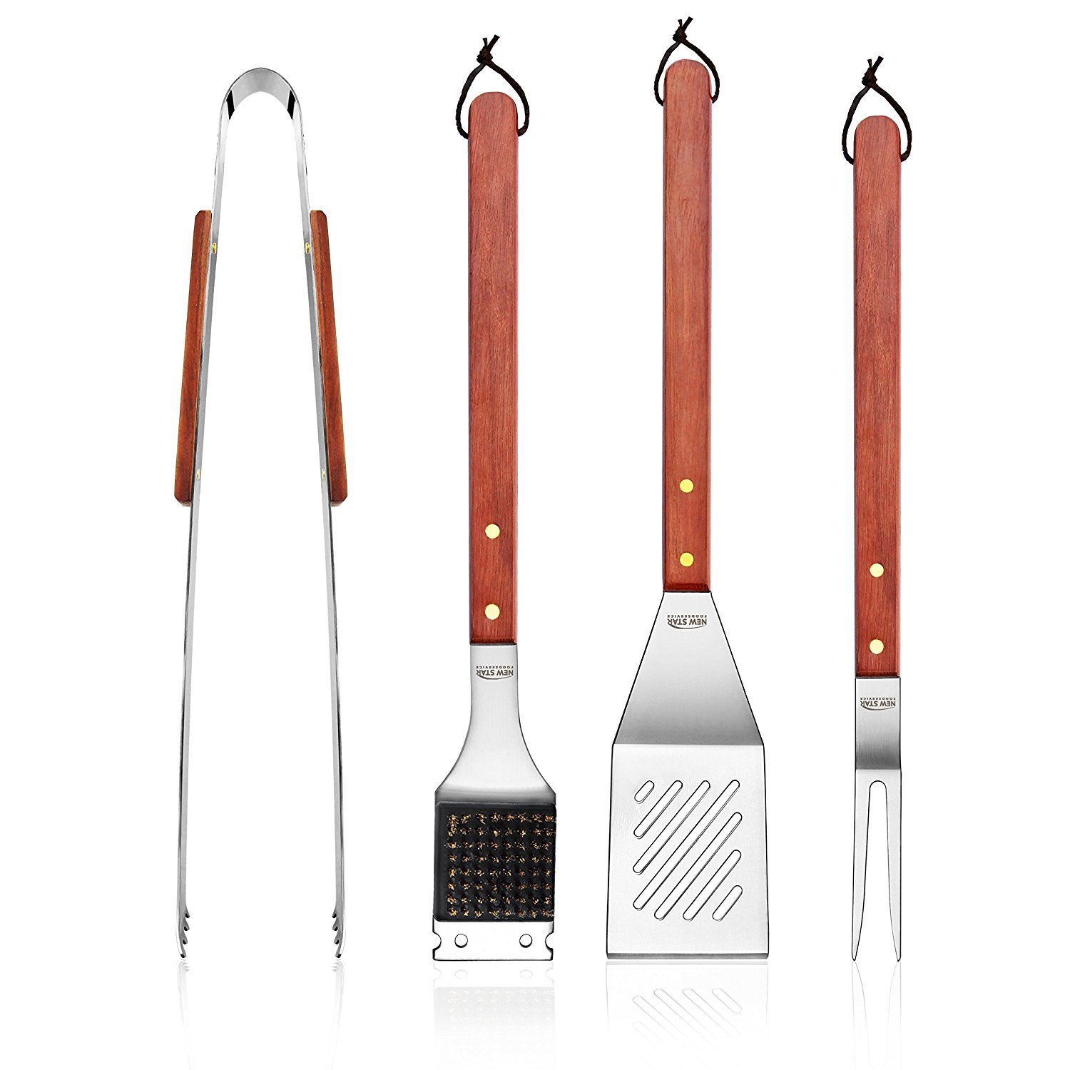 New Star Foodservice 4-Piece Stainless Steel BBQ Tool Set with Hard Wood Handles