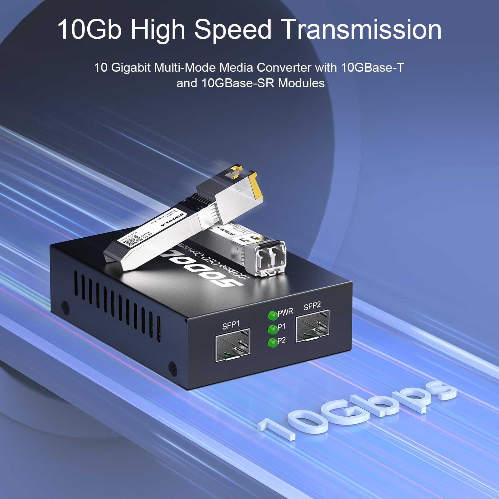 SODOLA 10G SFP+ Medienkonverter (Set) mit 10GBase-T Glasfasertransceiver Reichweite 30 Meter und 10GBase-SR Glasfasermodul (300 m, MMF, 850 nm) 10G Ethernet Media Converter