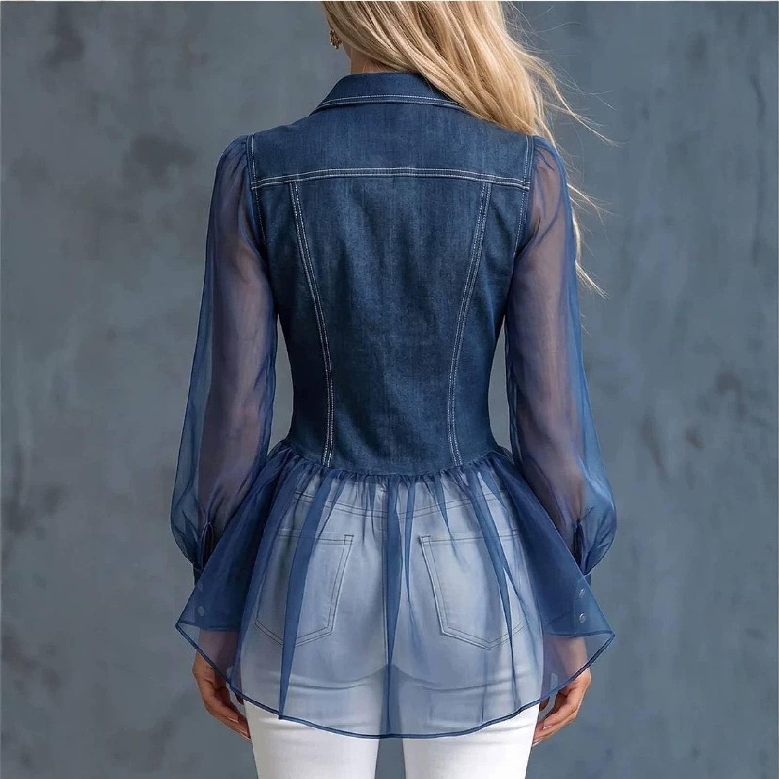 Elegante camicia da donna in jeans con risvolto a maniche lunghe | Camicetta in tinta unita in tessuto denim, vestibilità regolare, con tasca frontale
