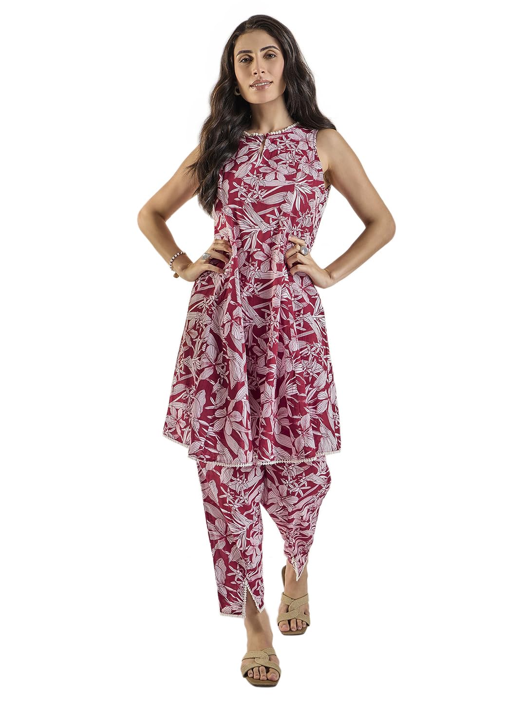 winered Women Maroon Lace Detailing Godet Tunic Co-ord Set-picture-39