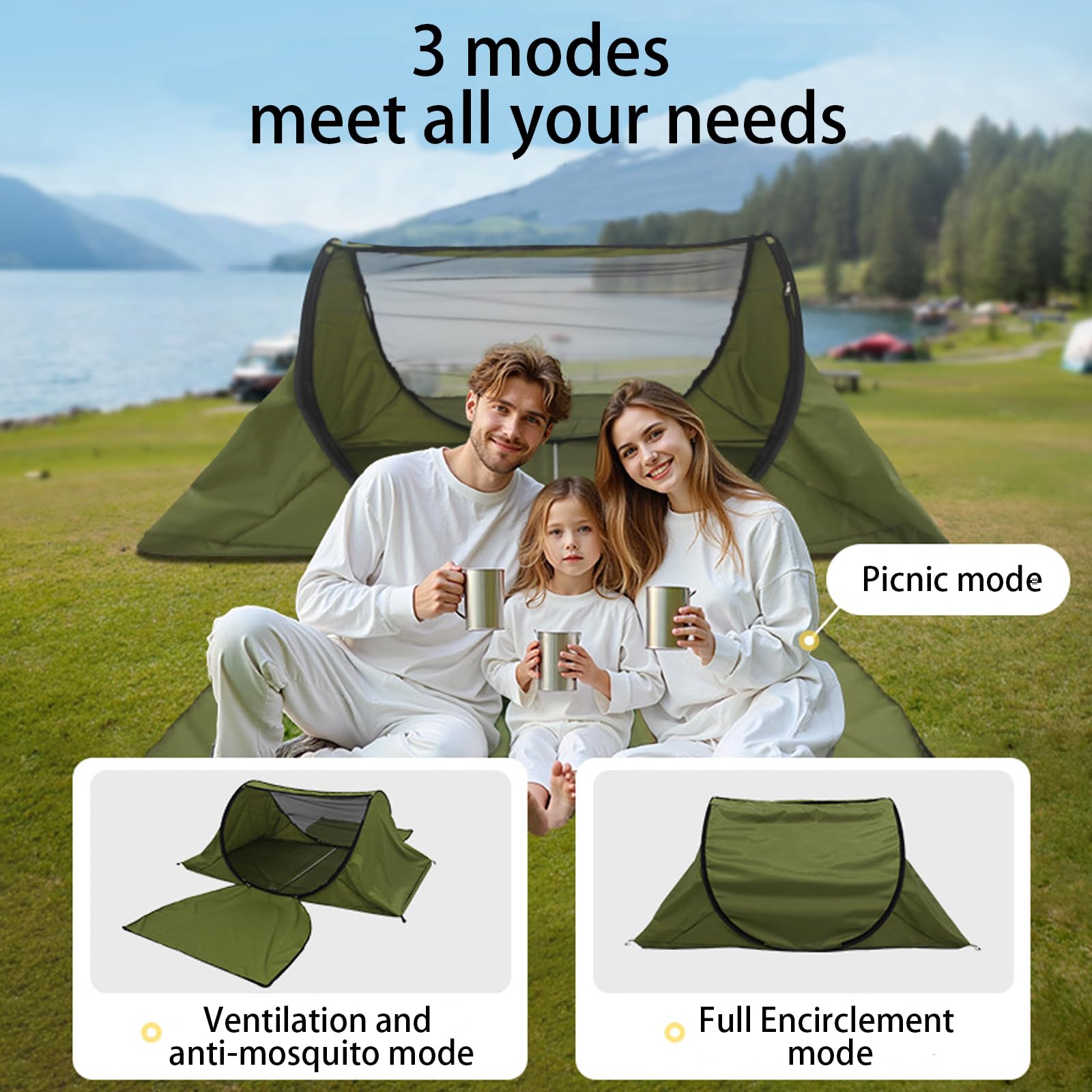 CMINGJ Portable pop up Camping Tent with Double Door Design, Folding Mosquito Net Tent with Storage Bag, Suitable for Camping, Hiking and Outdoor Activities, Adjustable Size, Easy Setup, Army Green
