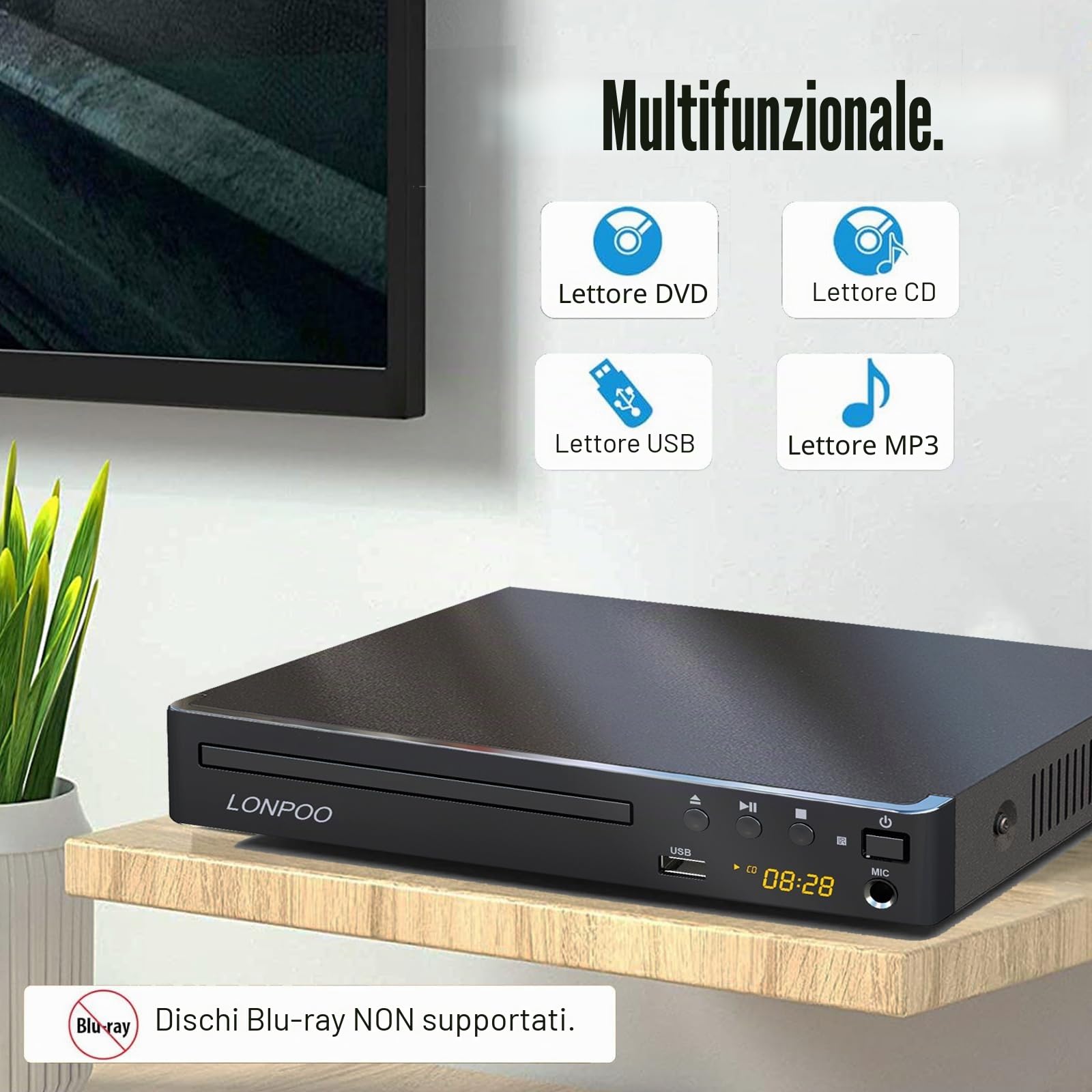 Lettore DVD compatto per TV (1080P Upscaling con uscita HDMI/Coxical/AV, porta ingresso USB e MIC, Multi-Regione Libera, cavo HDMI e AV incluso) (LP-099)