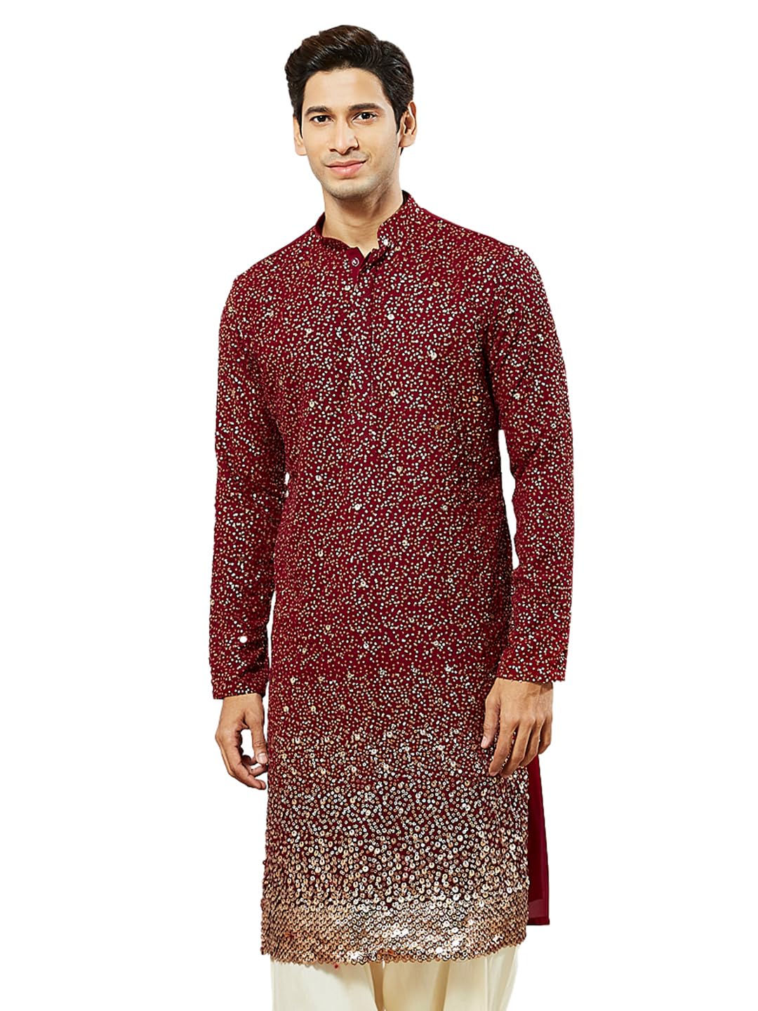 Rare Rabbit Men's Georgette Kurta, All Over sequinced in Ombre Design Kurta for Weddings & Festivals, Traditional Indian Wear in neutral
