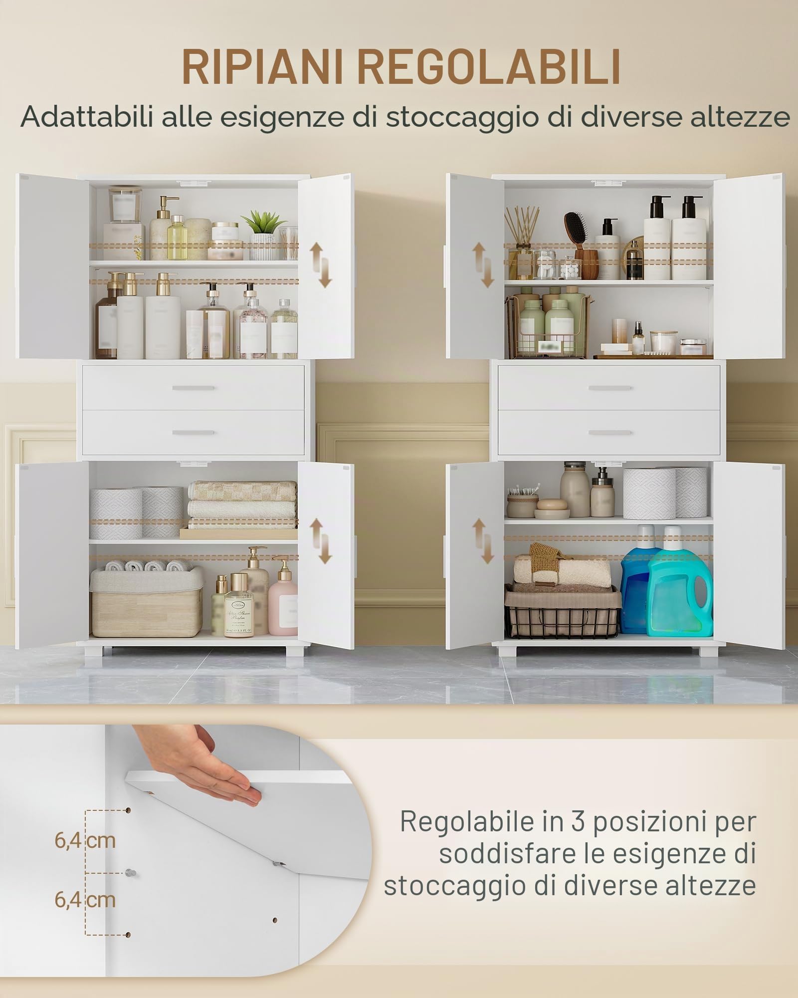 Hzuaneri Mobile Bagno, Alto, Colonna Bagno, 2 Cassetti e 4 Ante, Ripiani Regolabili, Ampio Spazio di Archiviazione, 30 x 60 x 125,5 cm, Moderno, per Soggiorno, Bagnos, Bianco SC60003X
