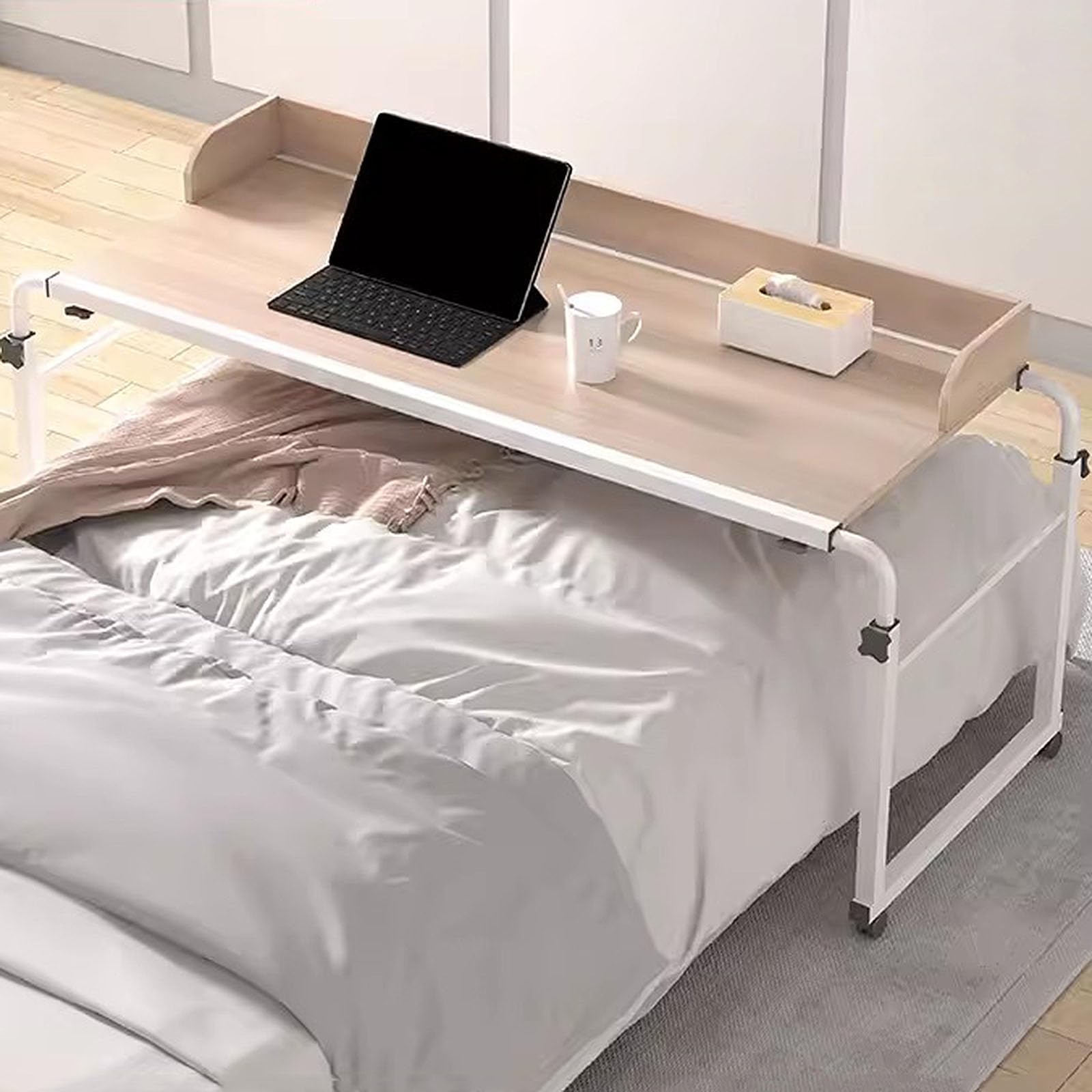 Mesa de cama ajustable con ruedas para laptop, mesa de noche ajustable en altura y longitud con ruedas, almacenamiento práctico, perfecto para el trabajo y el ocio (acabado de madera)