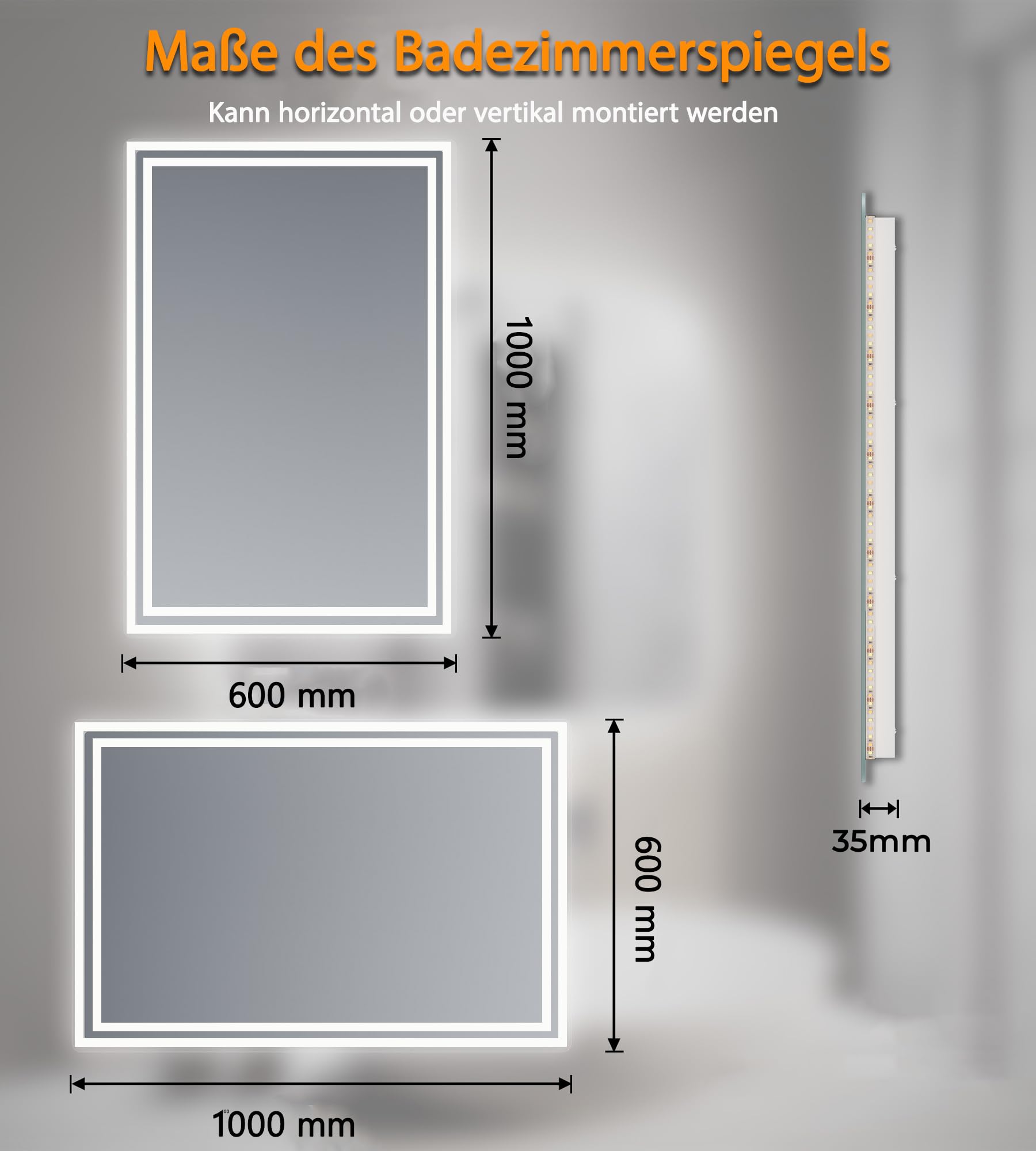 Lustro łazienkowe LED, trójkolorowe światło, bezstopniowe ściemnianie, dwustronne matowanie, szafka z lustrem ze stopu aluminium, funkcja przechowywania, odmładzanie, 100 x 60 cm