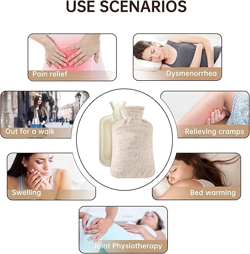 Miniatura 7 de Botella de agua caliente grande con tapa, 2 litros, bolsa de agua caliente de goma natural de alta calidad, funda de forro polar suave para aliviar