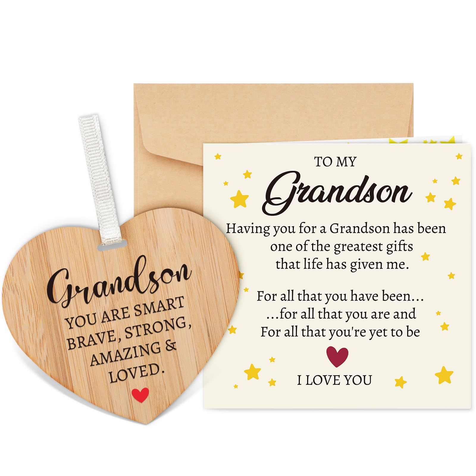 Welsky Grandson Birthday Card with Envelope, Grandson Birthday Cards for Men with Wooden Plaque, 16th 18th 21st Birthday Graduation Christmas Fathers Day Wedding Gifts for Grandsons Boy Adult — image 1