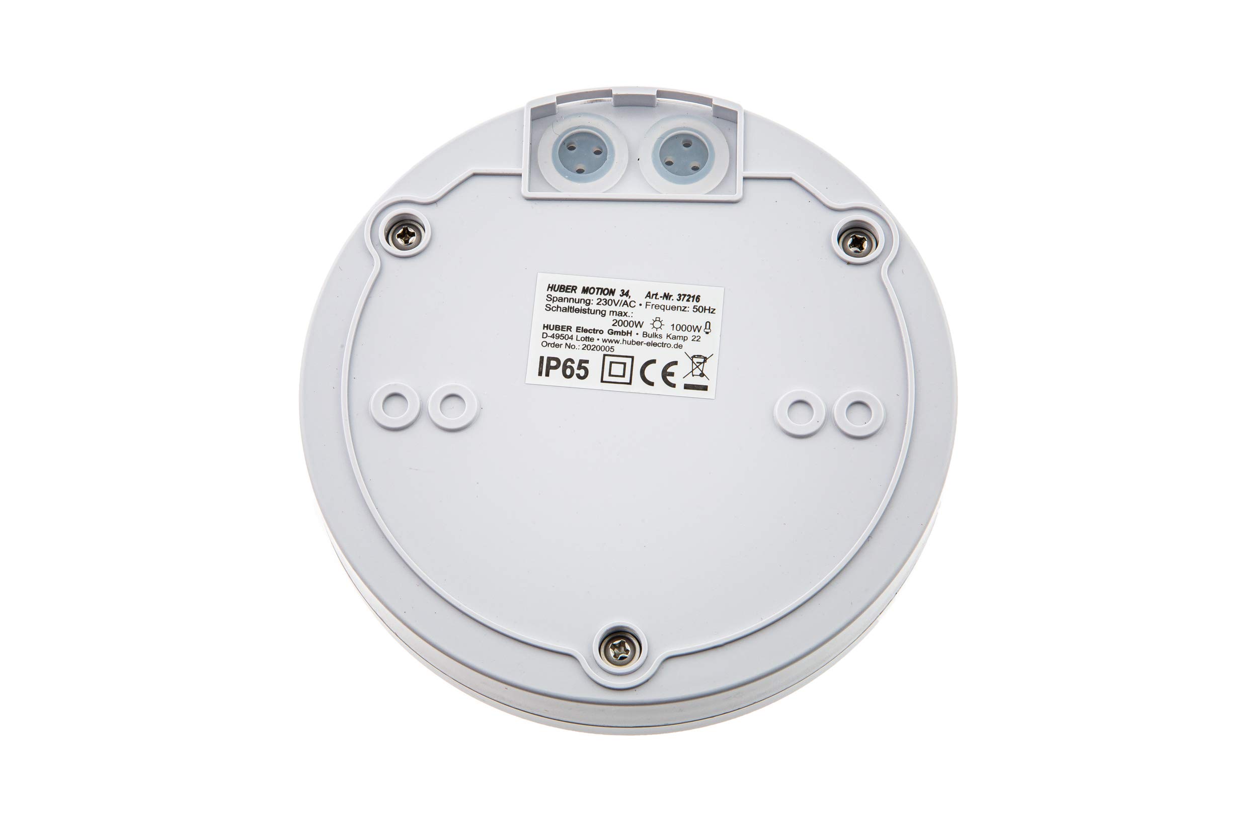 Huber Motion 34 Detector de Presencia 360° para Interior/Exterior, Detector de Movimiento para Montaje en Techo con 3 sensores y Lentes matriciales, IP65 I 230V, Apto para LED, tecnología de 3 Hilos