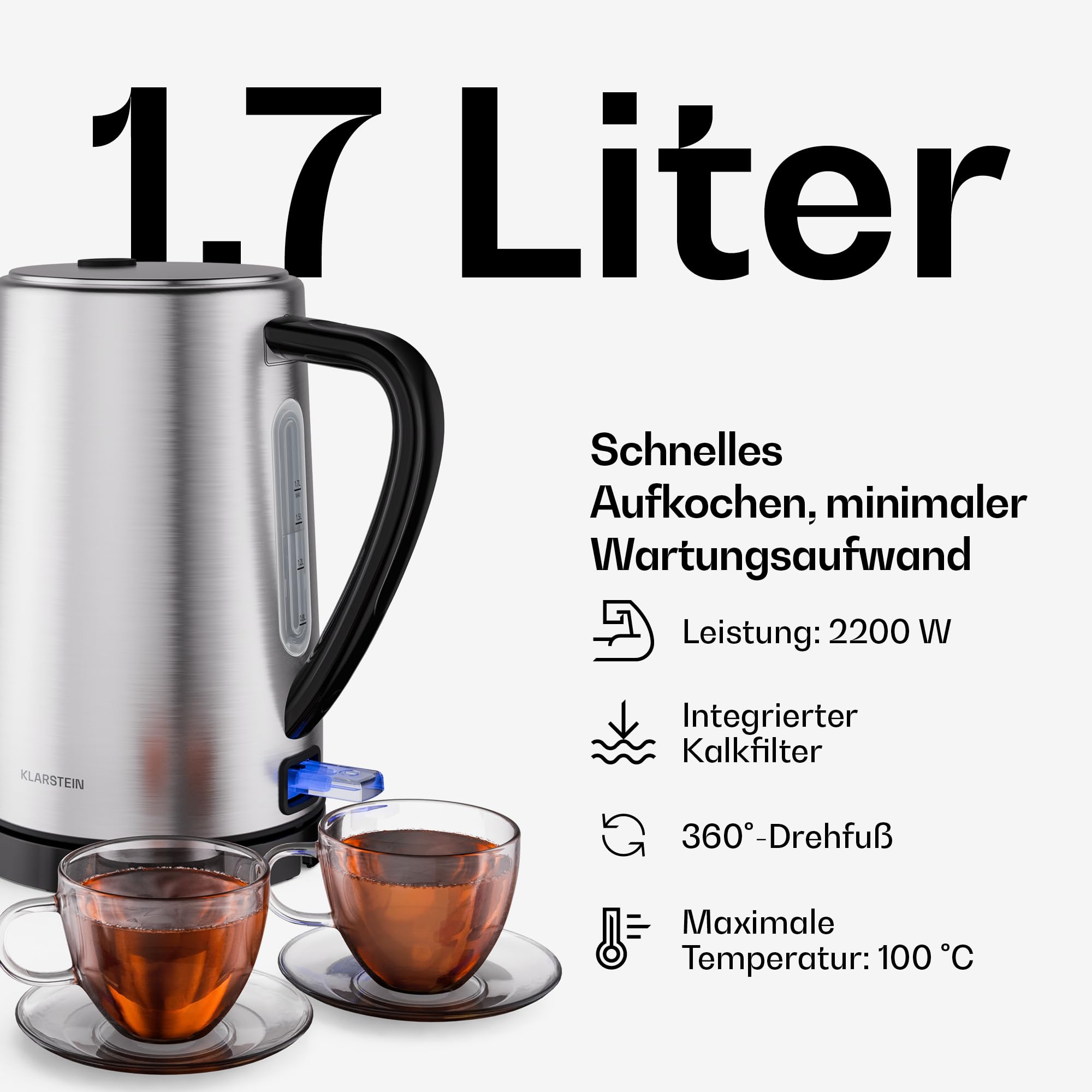Klarstein Verosteel Frühstücksset – Toaster 2 Scheiben 7 Bräunungsstufen, Wasserkocher 1.7L Edelstahl, Kaffeemaschine 12 Tassen
