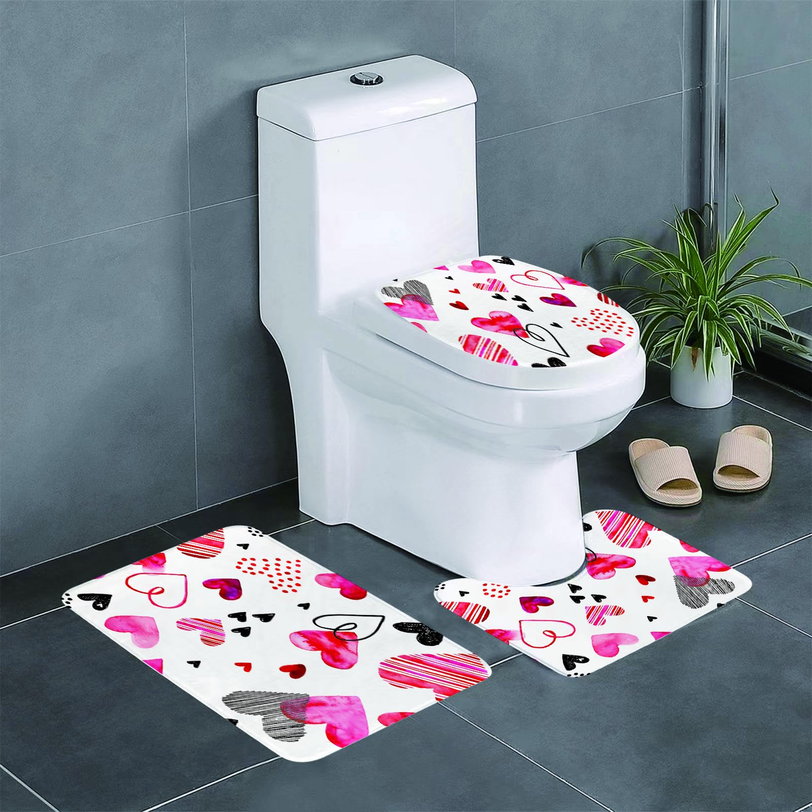 Set di 3 tappetini da Bagno, Lavabili in Lavatrice e Antiscivolo, tappetini in Morbida Fibra Superfine, San Valentino, Diversi Tipi di He1