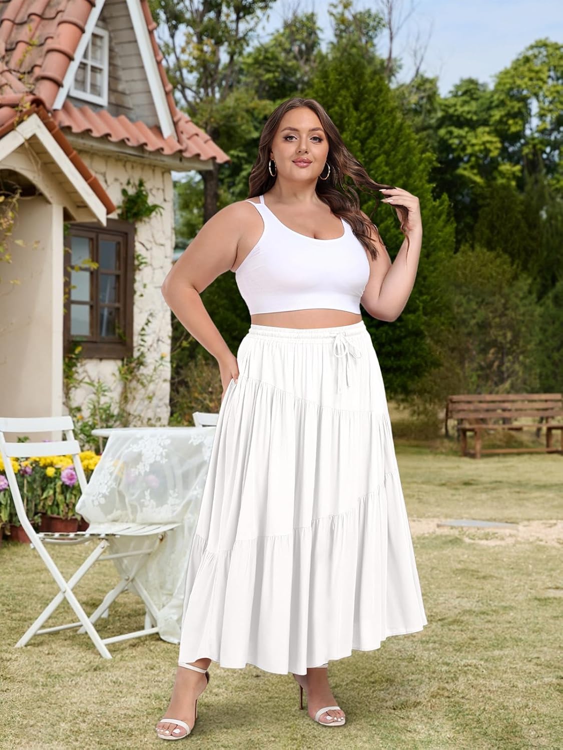 Moon Wood Plus Size Boho Maxi Skirts for Women Long Flowy High Waisted Tiered A-Line Skirt with Pockets Beach Summer Causal - Image 2