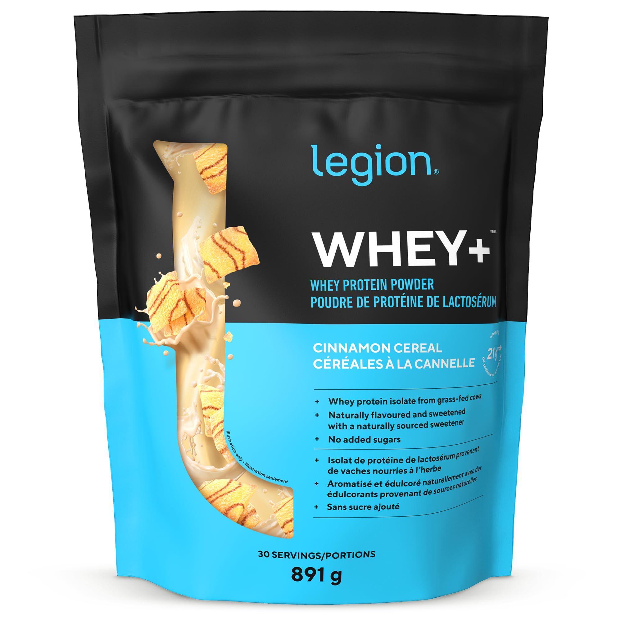 LEGION Whey+ Whey Protein Powder (Cinnamon Cereal) - Low Carb and Calorie Whey Isolate Protein Powder - Non-GMO, Lactose-Free, Sugar-Free Whey Protein Isolate Powder from Grass Fed Cows (30 Servings)