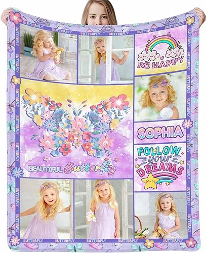 D-Story Manta de mariposa personalizada, regalo conmemorativo con nombre de foto fabricada en Estados Unidos, manta personalizada de franela con