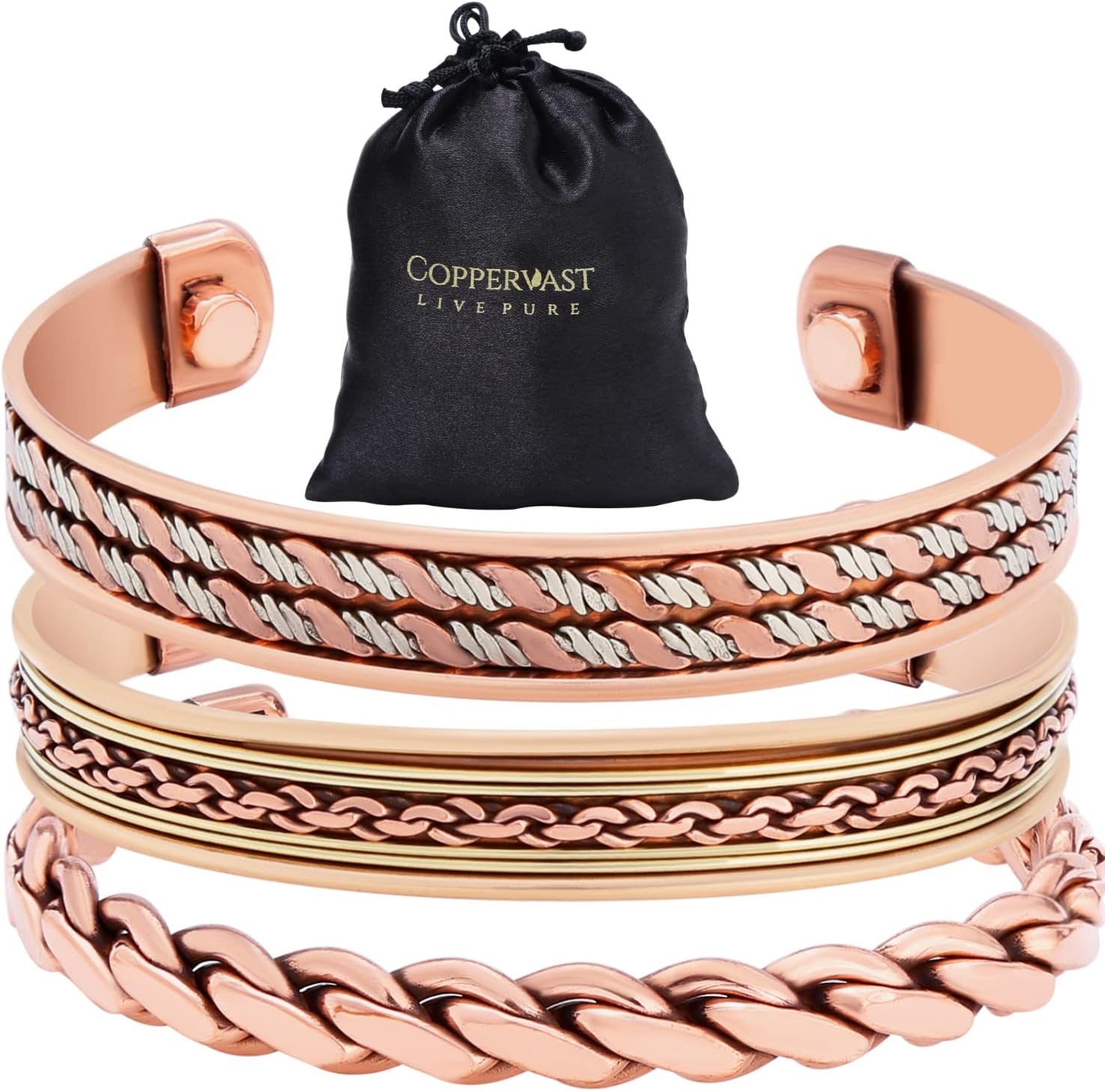 Coppervast Copper Bracelets- for Men and Women| Set of 3 with Gift Bag |Handmade 100% Copper