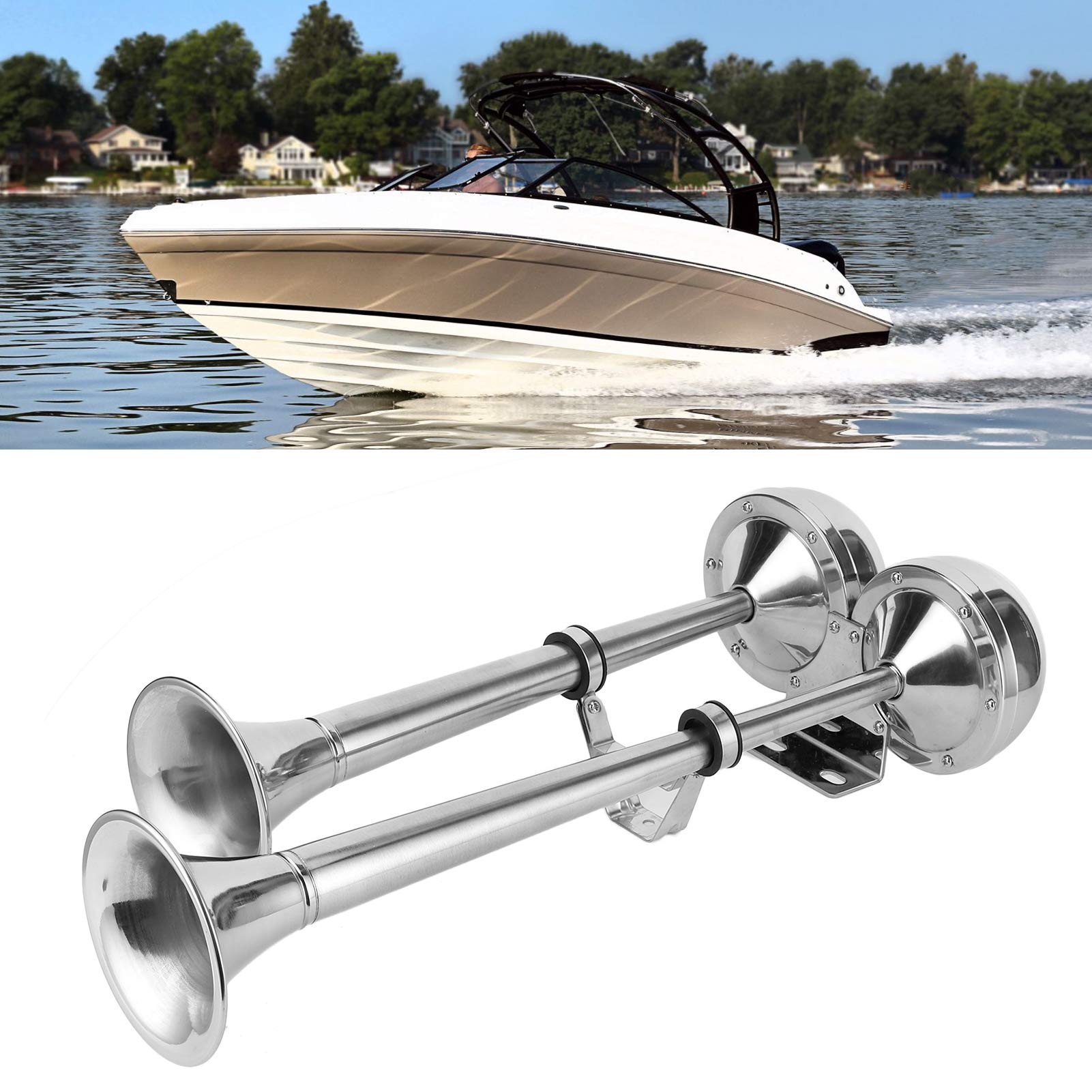 Bocina de Aire de Doble Trompeta de 12 V Sirena Eléctrica de Trompeta de Coche Sirena Pulida de Acero Inoxidable 304 para Barcos Marinos RV SUV Camión