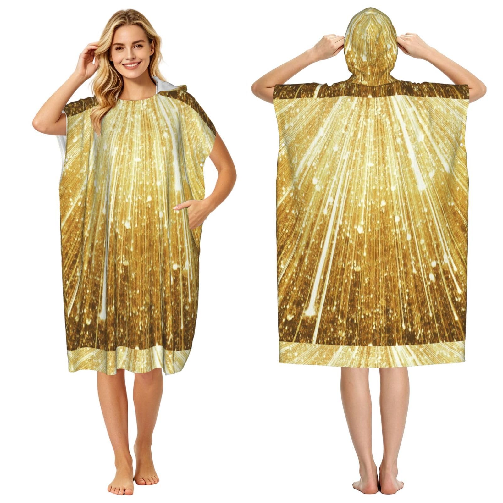 Poadnly Gold Bling Printed, Adult Hooded Beach Towel 90 x 110 cm,Changing Bath Robe, Surf Poncho Towel For Women Men