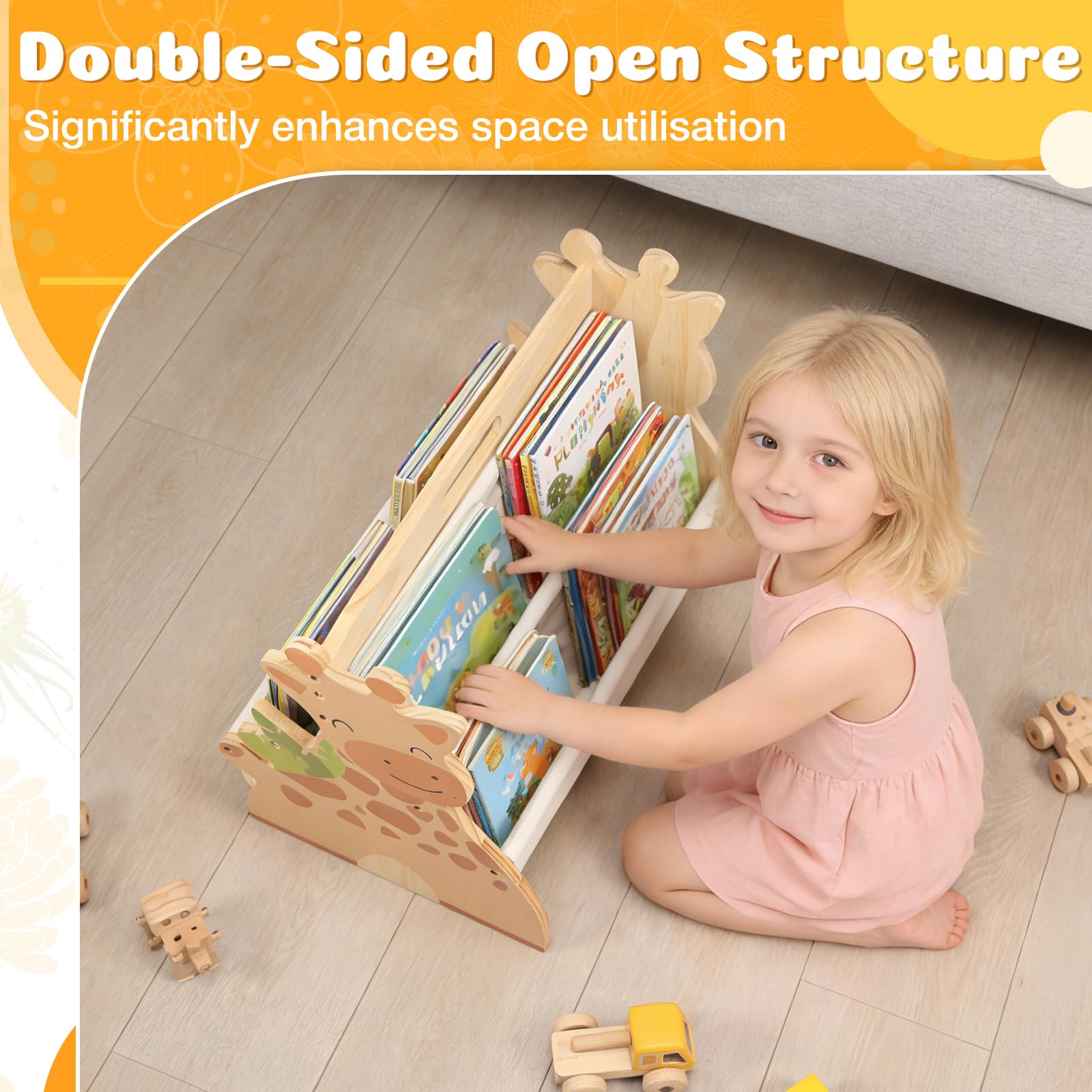 Double Sided Kids Bookshelf 4 Tier Portable Toddler Bookshelf for Kids Rooms & Playroom Cute Giraffe Design Baby Book Shelf Wood Montessori Book Shelf Room Nursery Bedroom Playroom - 4