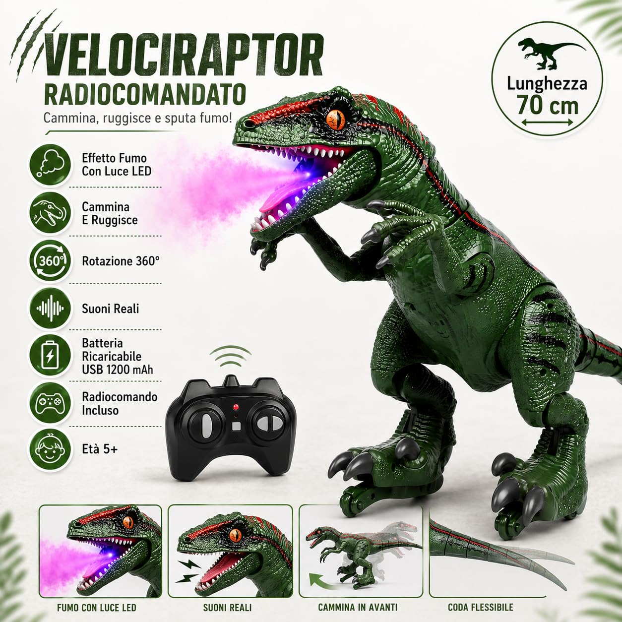 Dinosauro Telecomandato Mega Gigante cm 70 con Effetto Fumo dalla Bocca Luce LED Suoni Reali RC Dinosaur Velociraptor Telecomandato Cammina e Ruggisce Realistico Dinosauro Elettrico Gigante Giocattolo